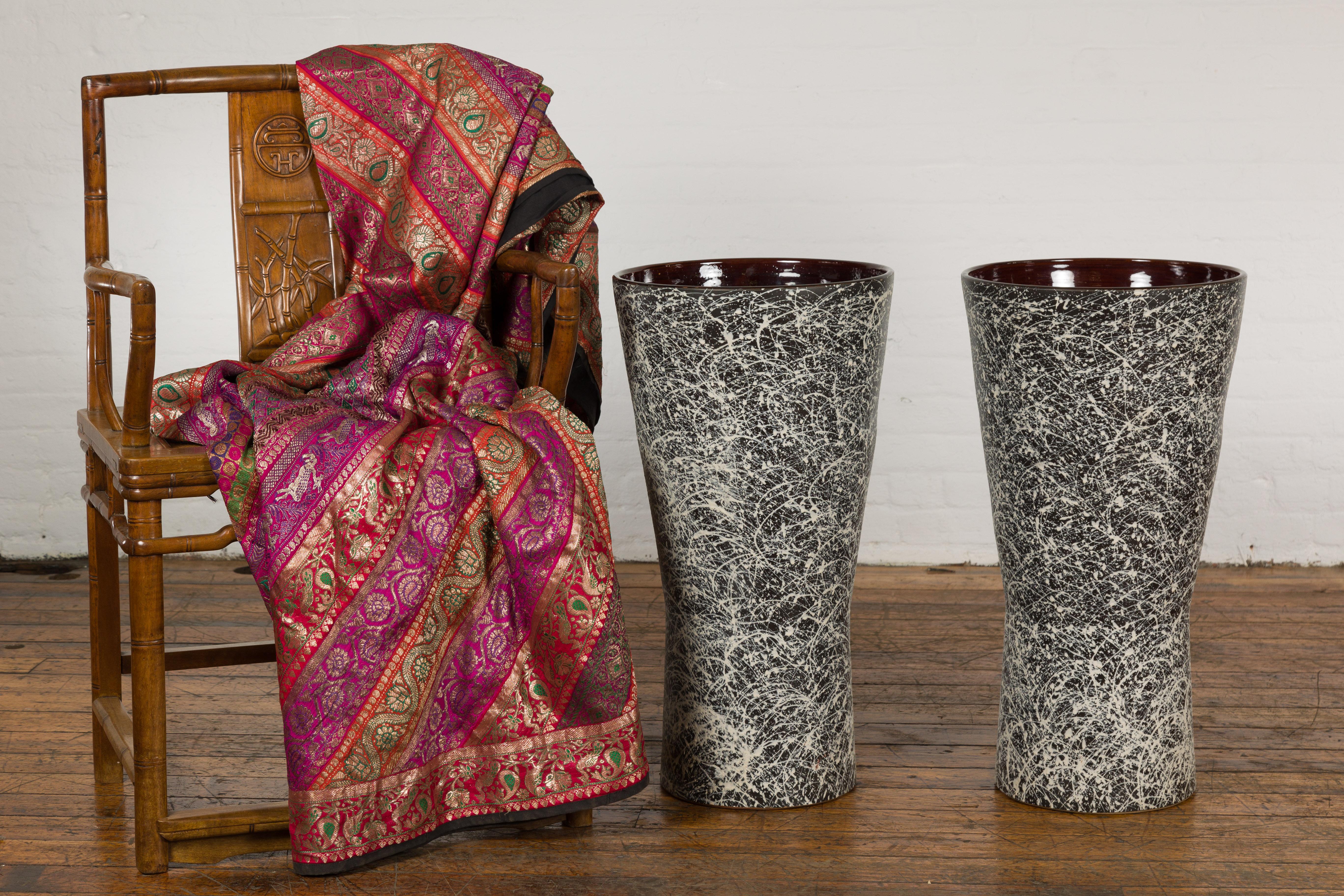Hand-Painted Pair of Textured Black & White Spattered Ceramic Vases For Sale