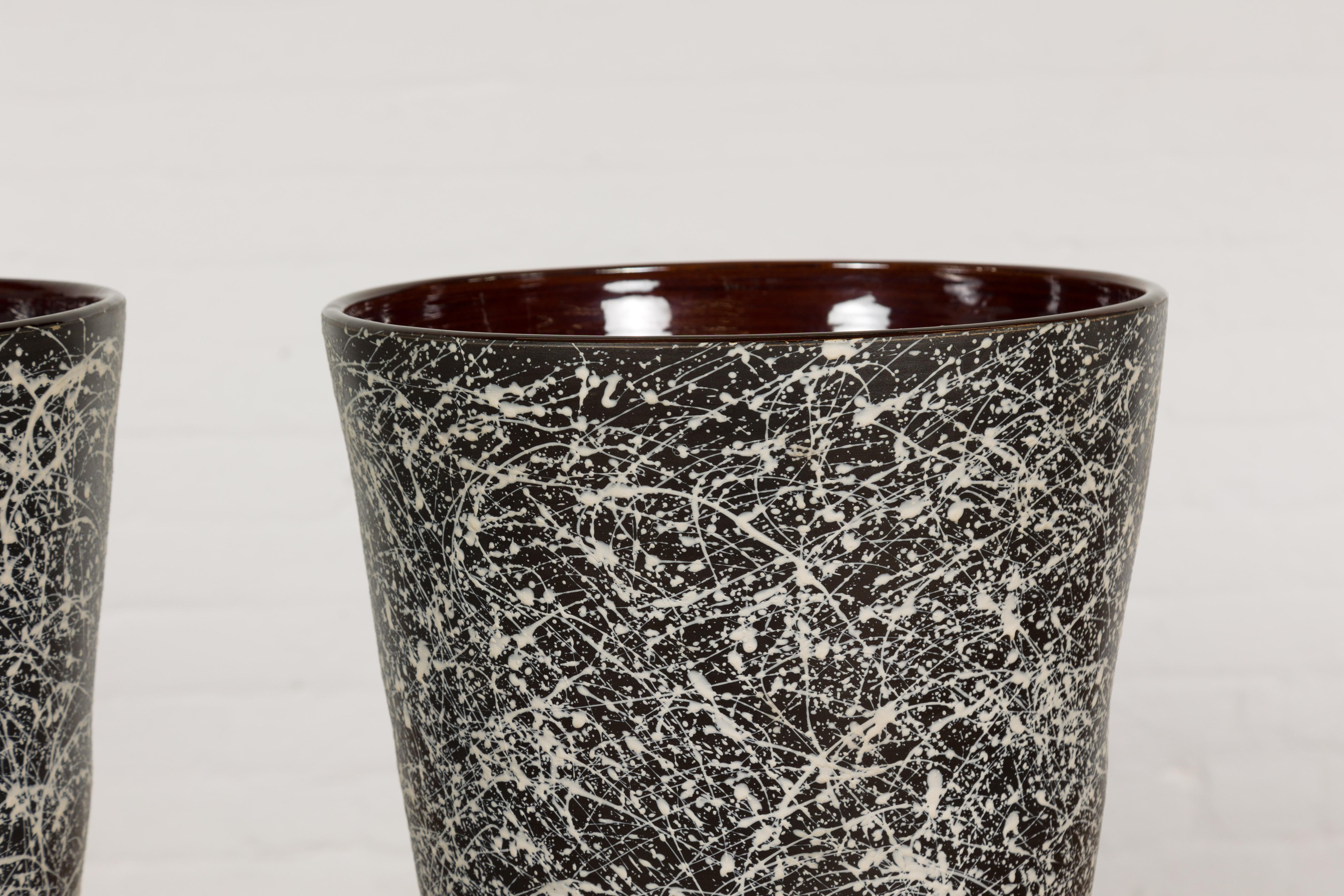 Pair of Textured Black & White Spattered Ceramic Vases In Excellent Condition For Sale In Yonkers, NY