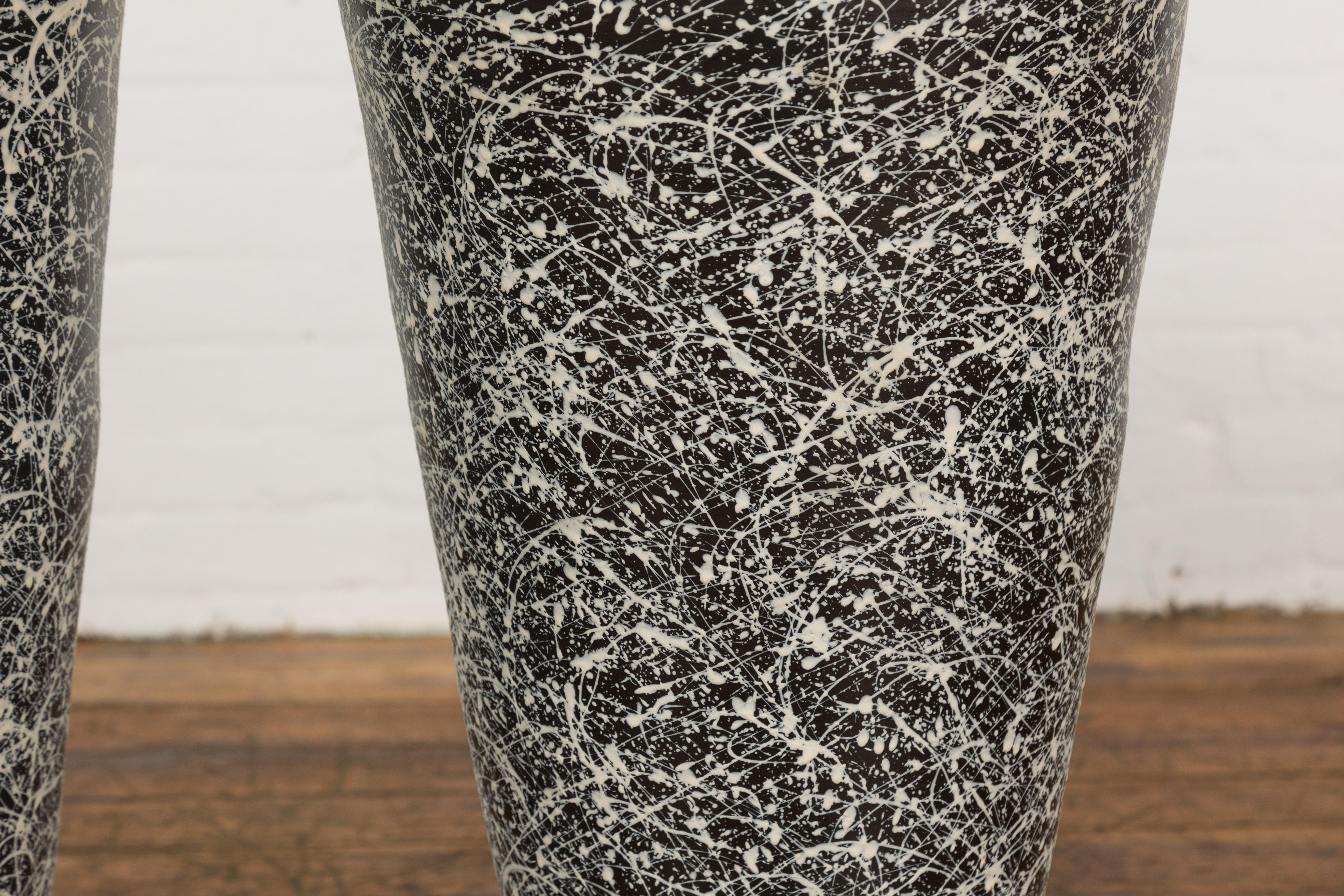 Contemporary Pair of Textured Black & White Spattered Ceramic Vases For Sale