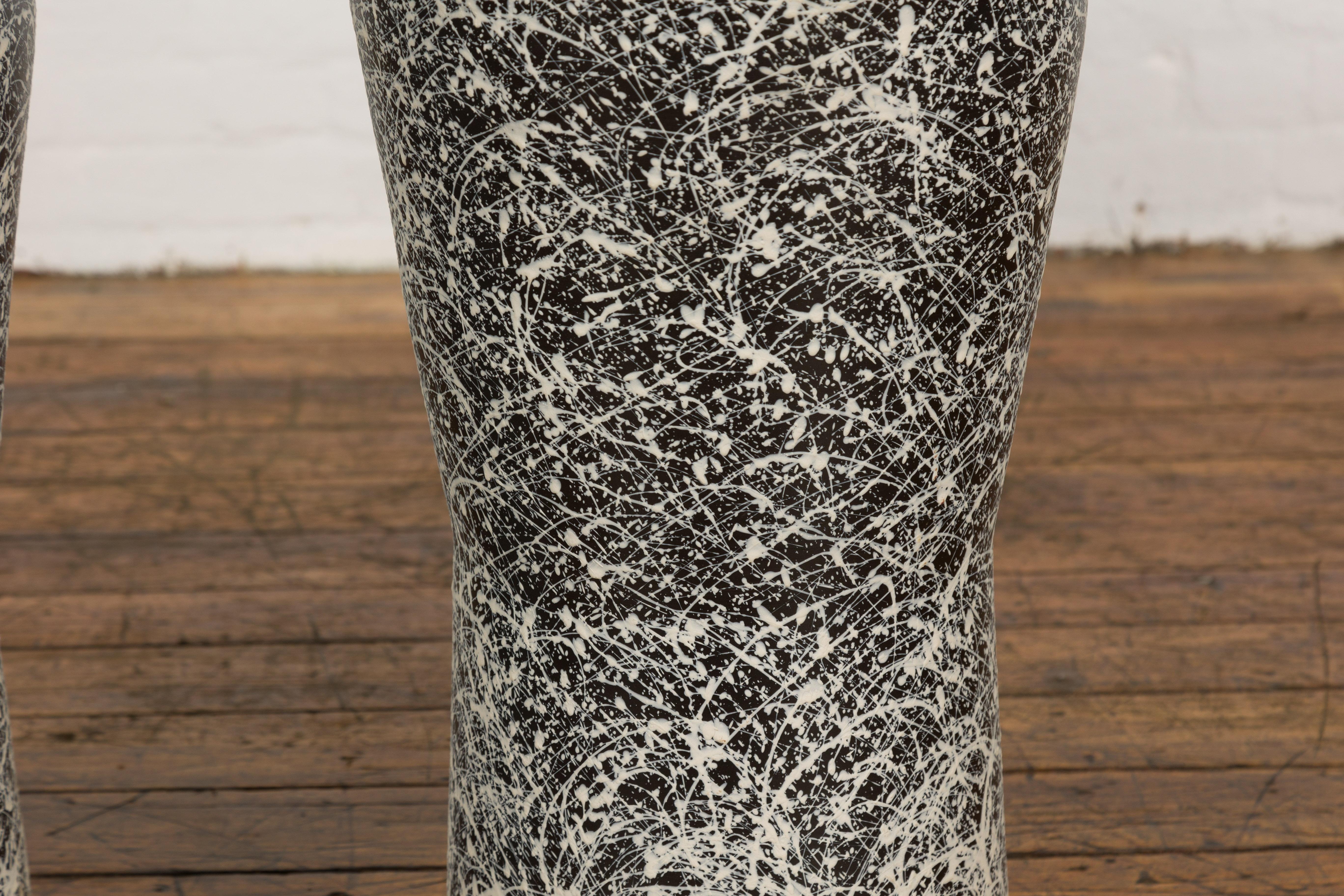 Pair of Textured Black & White Spattered Ceramic Vases For Sale 1