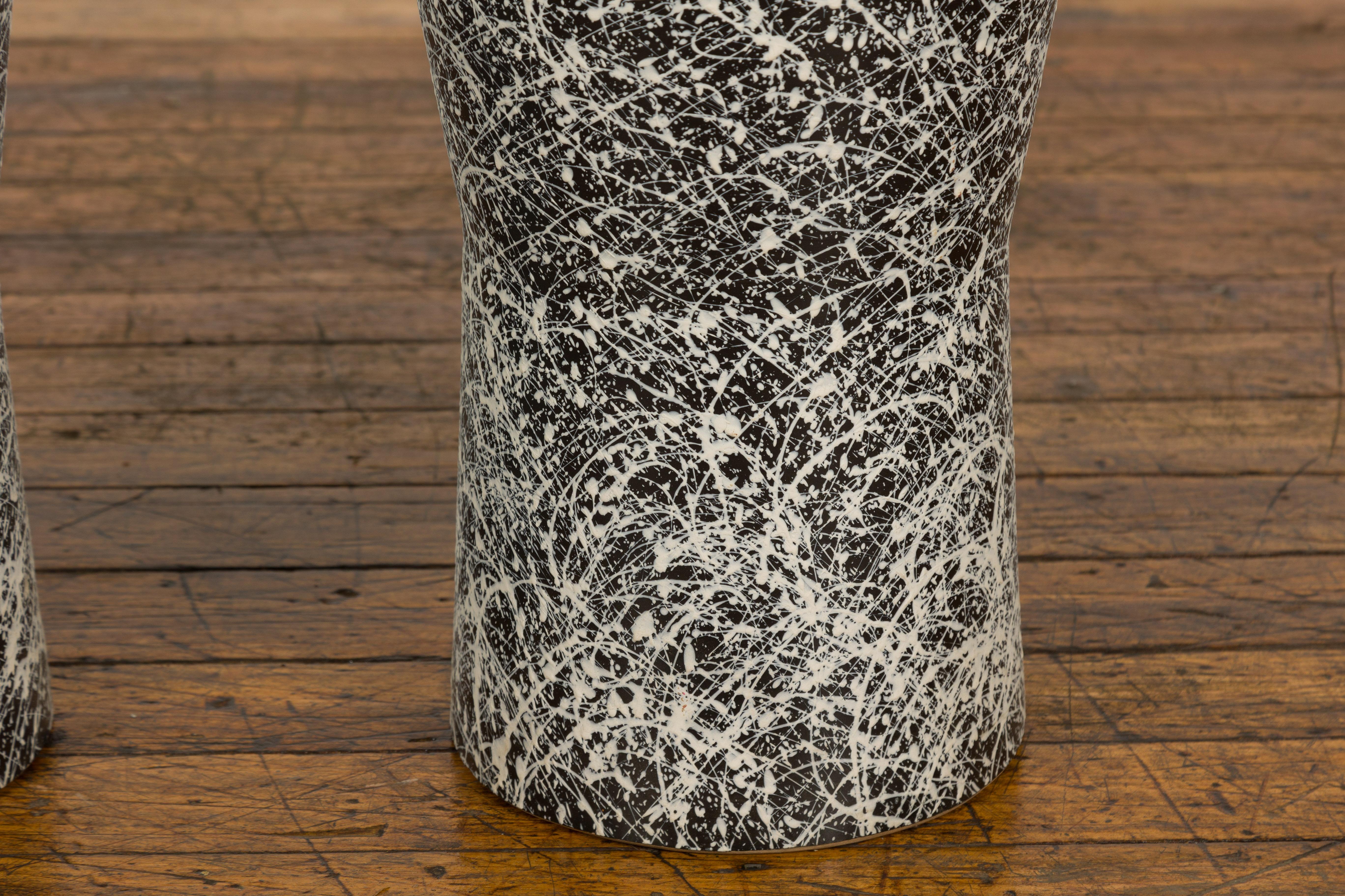Pair of Textured Black & White Spattered Ceramic Vases For Sale 2