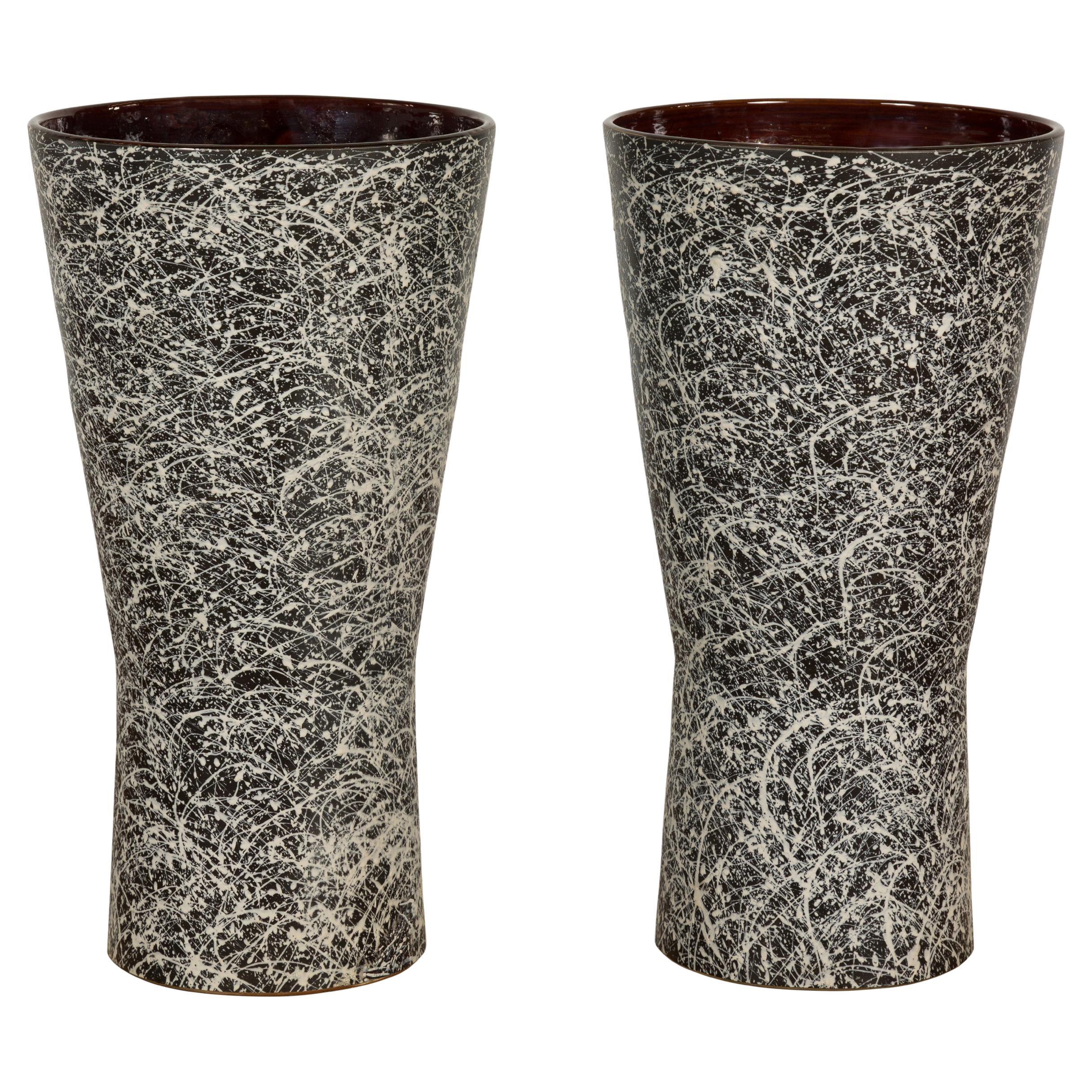 Pair of Textured Black & White Spattered Ceramic Vases
