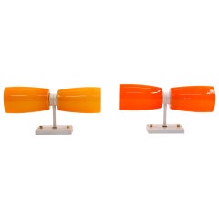Retro Pair of Prescolite Wall Sconces, Two-Tone Orange Glass, White Fixture