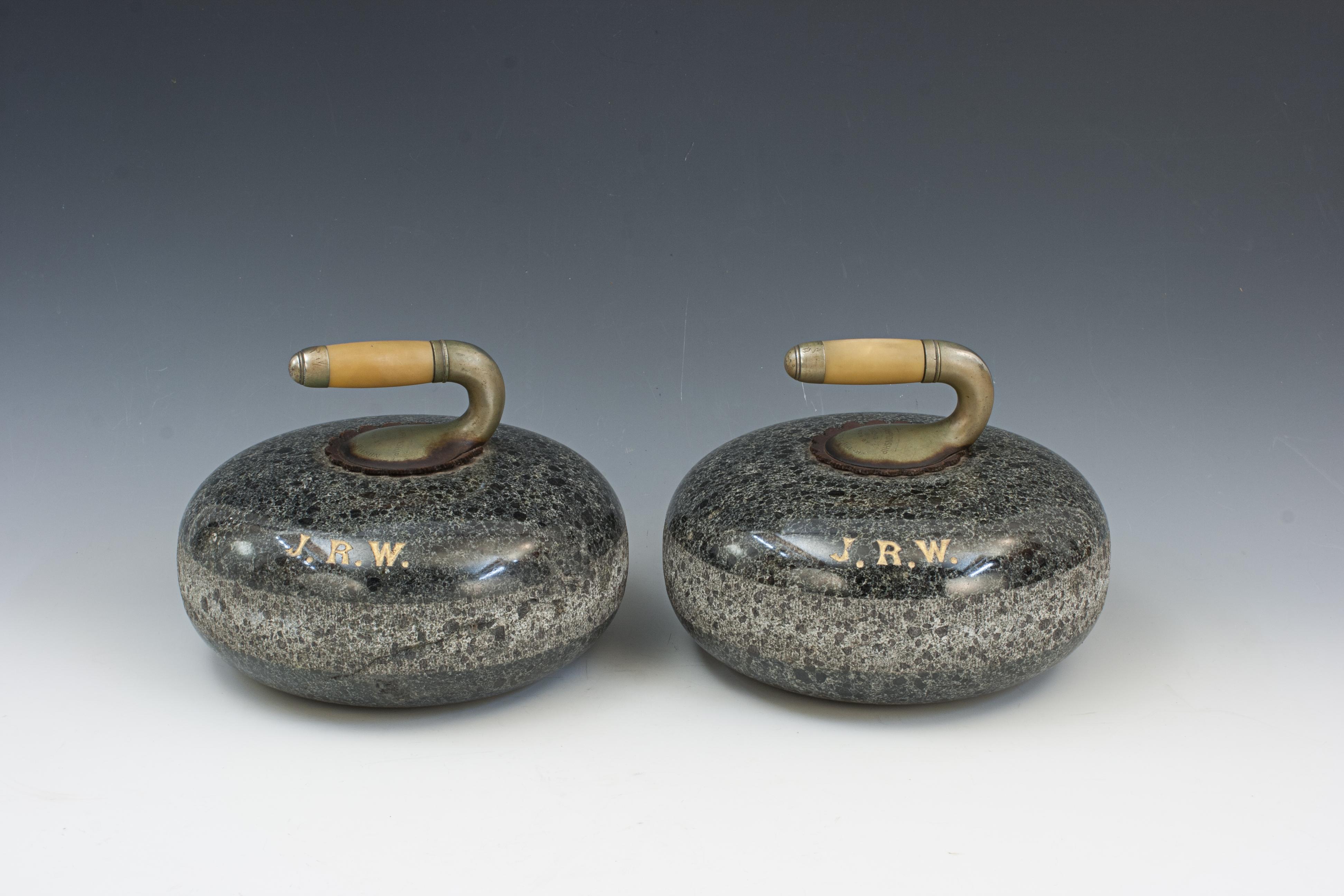 Presentation Double - Soled Dark Granite Curling Stones.
A late 19th or early 20th century pair of traditional double - soled, machine - made grey granite curling stones. The stones have a dip in the top and bottom, this is to locate the plated