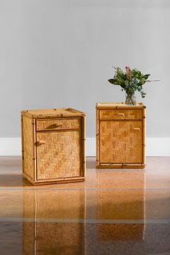 Pair of pressed bamboo bedside tables with drawer and door, 1980