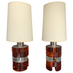 Pair of Pressed Glass and Metal Lamps by Biancardi, Italy, 1970s