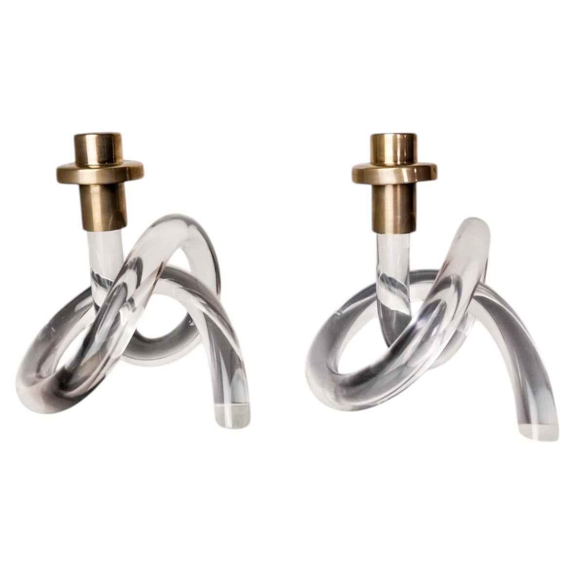 Pair of pretzel candlesticks by Dorothy Thorpe, Lucite and Gilt brass, 1970's