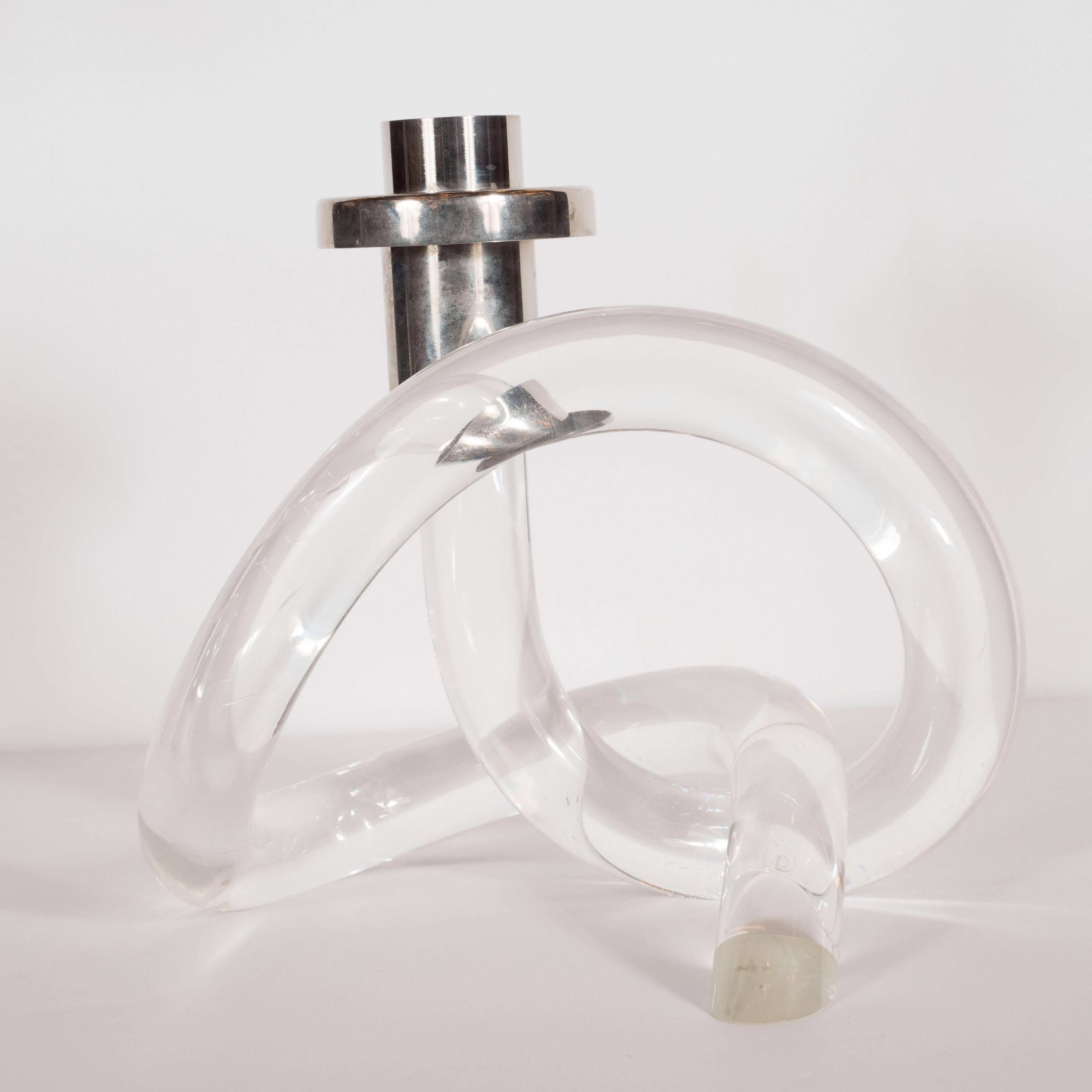 Mid-Century Modern Pair of Pretzel Candlesticks in Lucite and Nickelled by Dorothy Thorpe