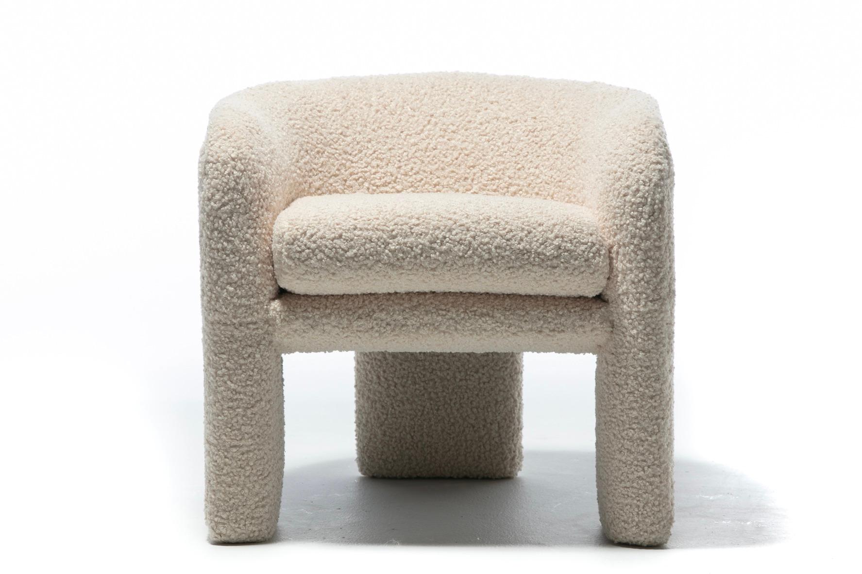 Pair of Preview Tri Leg Post Modern Armchairs Newly Upholstered in Ivory Bouclé  For Sale 6