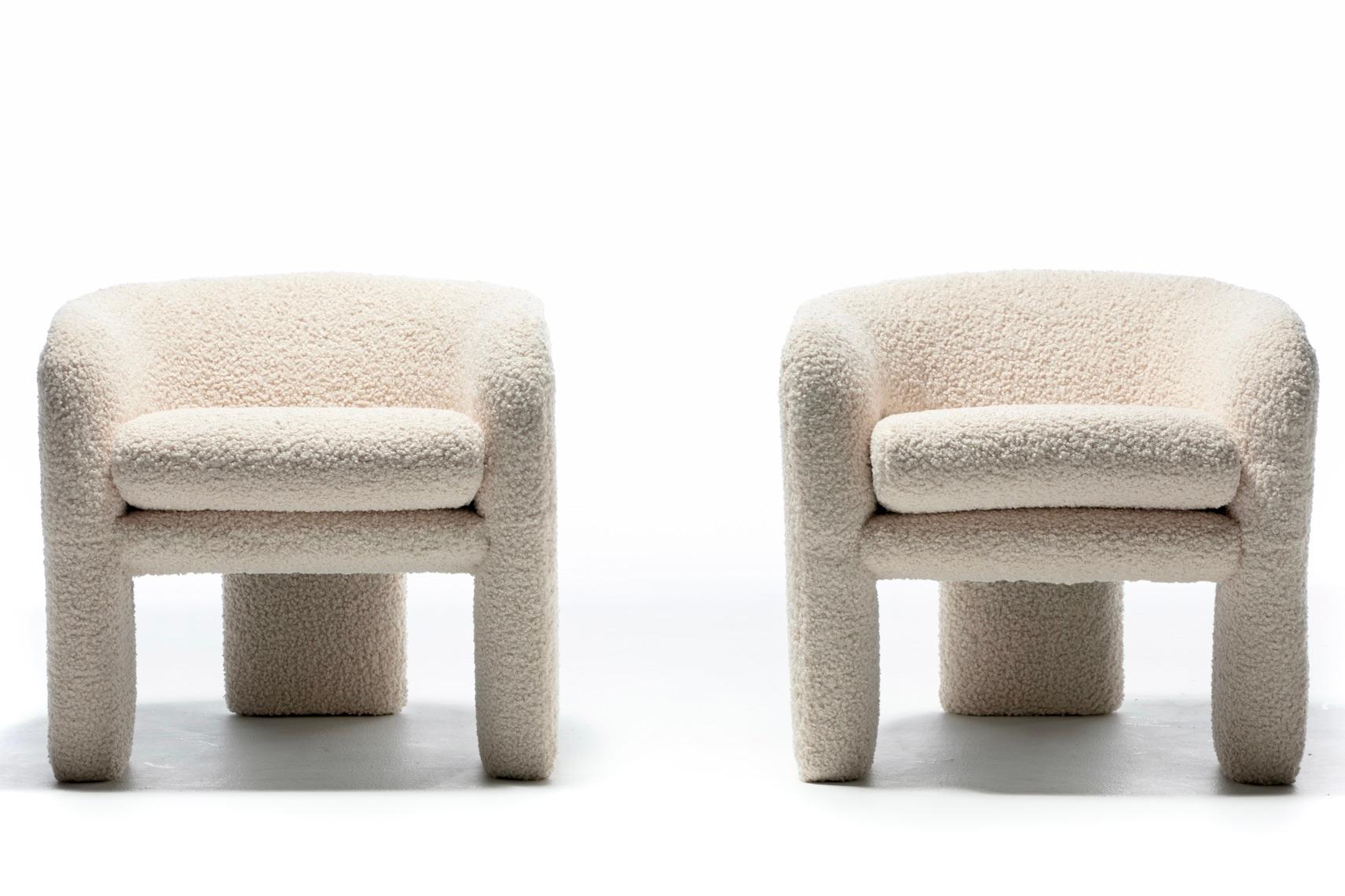 American Pair of Preview Tri Leg Post Modern Armchairs Newly Upholstered in Ivory Bouclé  For Sale