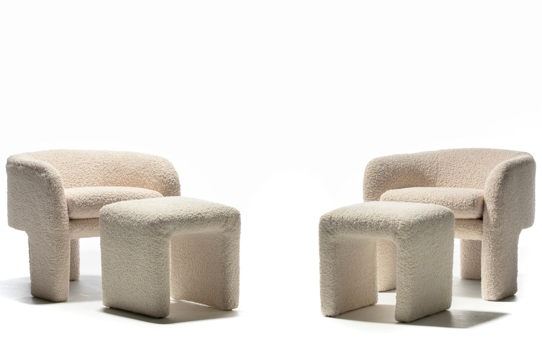 Late 20th Century Pair of Preview Tri Leg Post Modern Armchairs Newly Upholstered in Ivory Bouclé  For Sale