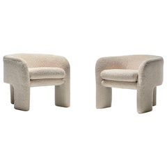 Pair of Preview Tri Leg Post Modern Armchairs Newly Upholstered in Ivory Bouclé