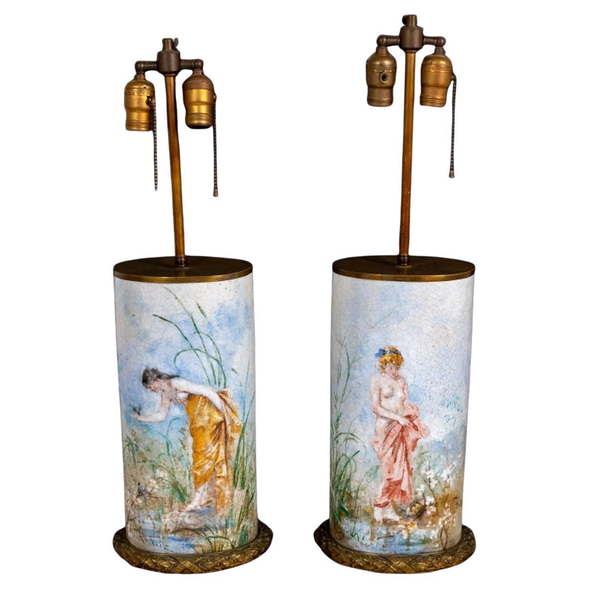 Coppia di lampade cilindriche francesi Prevost in porcellana in vendita