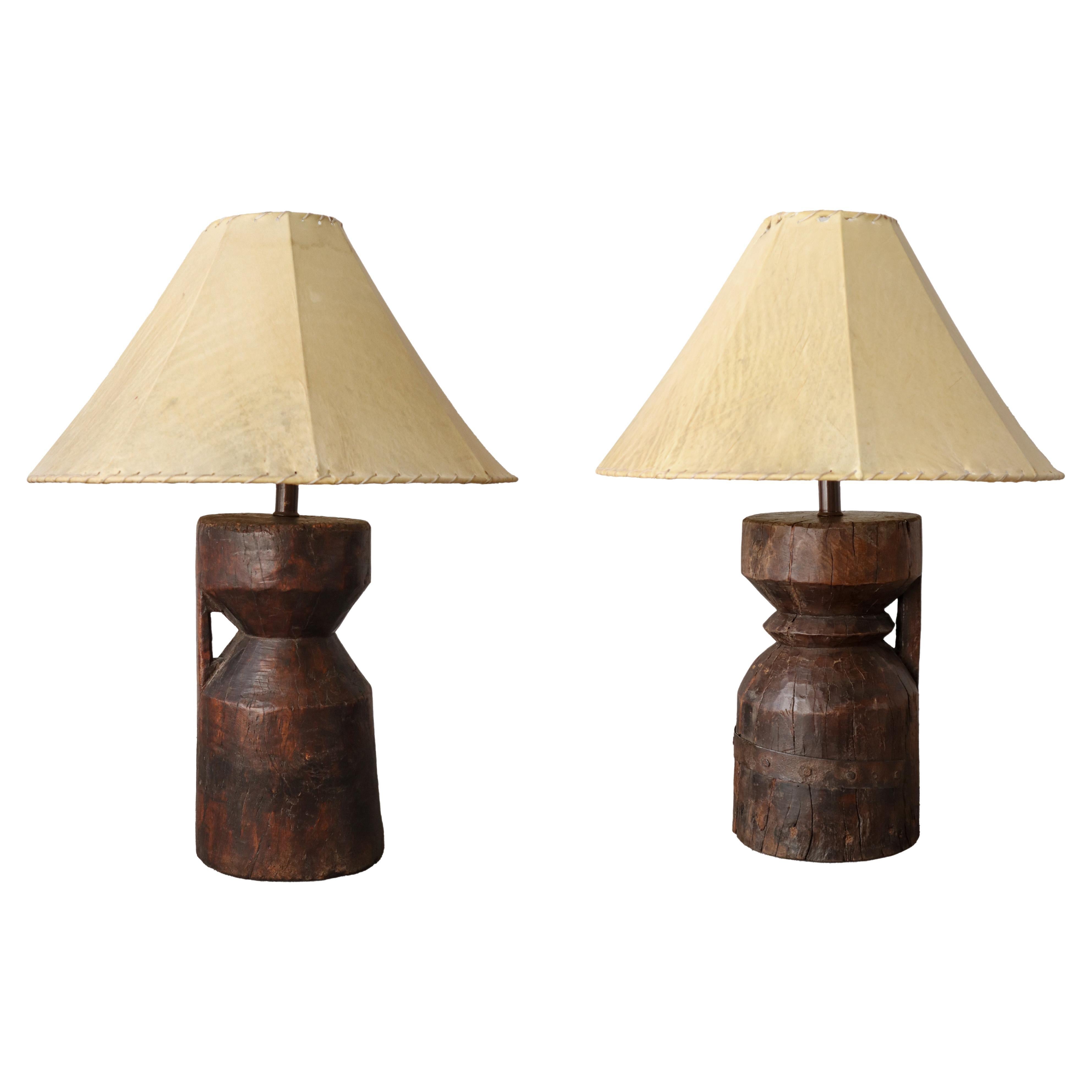 Pair of Primitive African Carved Wood Table Lamps For Sale