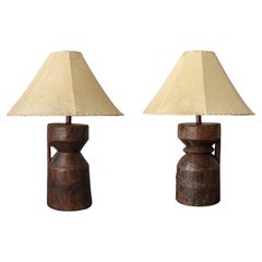 Antique Pair of Primitive African Carved Wood Table Lamps