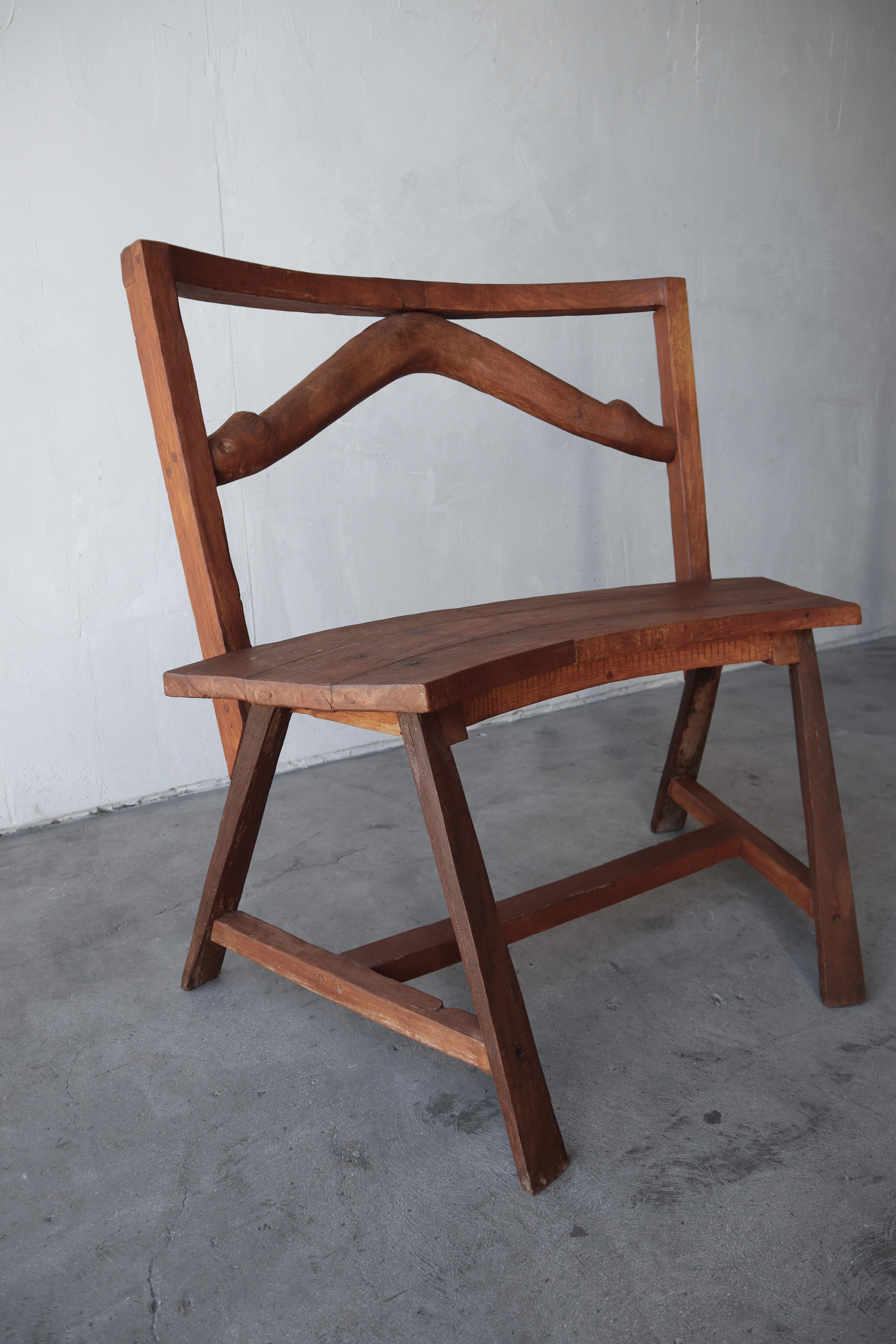 Wood Pair of Primitive Bespoke Bench Chairs For Sale