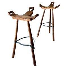 pair of Primitive Carved Wood “Birthing” Bar Stools