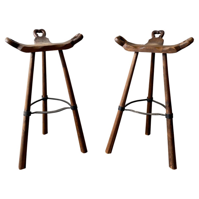 Pair of Primitive Carved Wood “Birthing” Bar Stools For Sale at 1stDibs