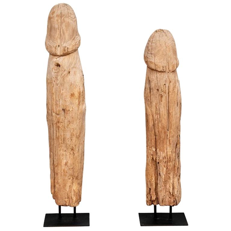 Pair of Tribal  Carved Wood Phallic Fertility Sculptures