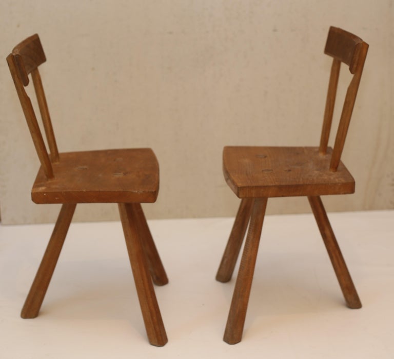 Pair Of Primitive French Oak Milking Chairs Jean Touret For Atelier Marolles