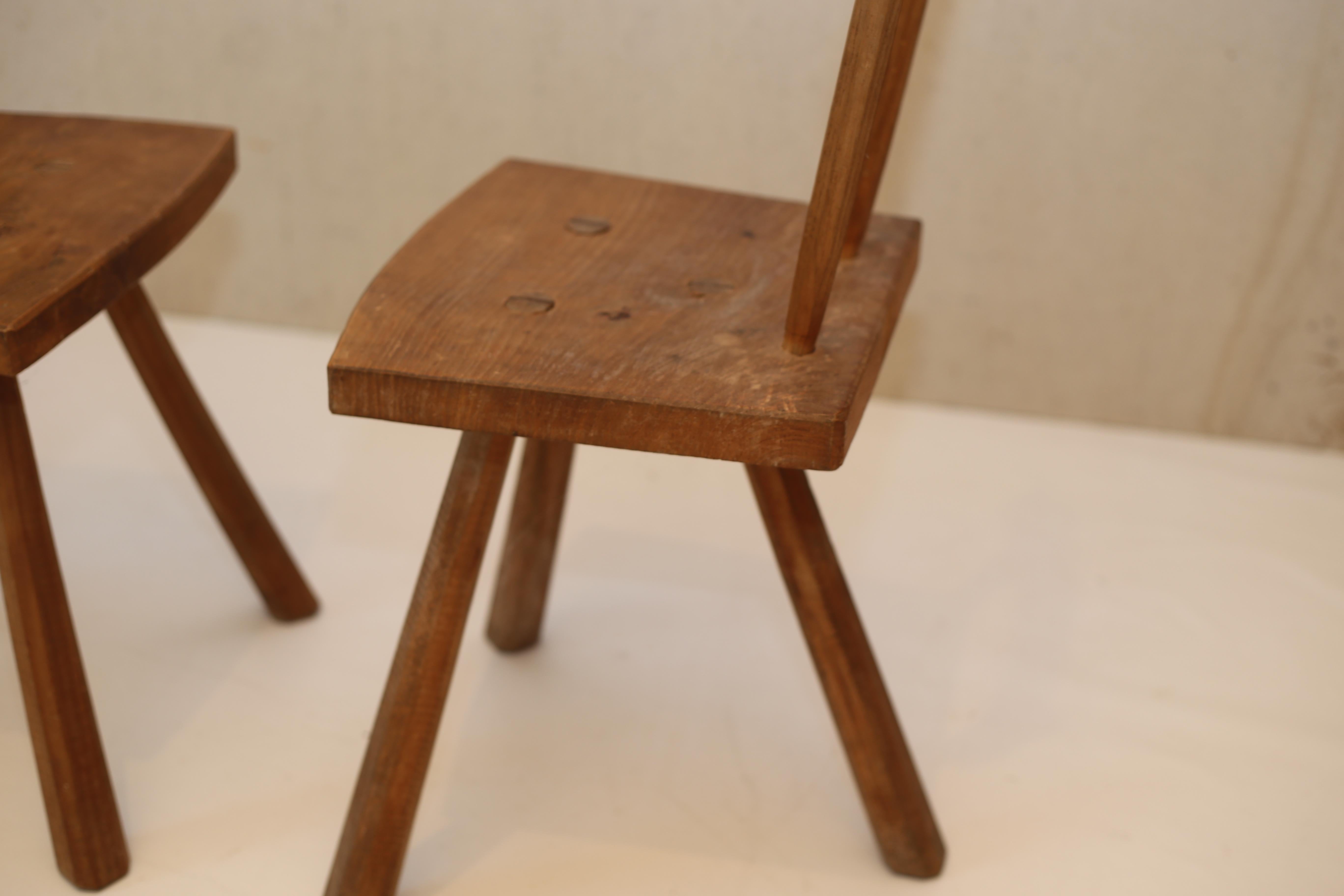 American Pair of Primitive French Oak Milking Chairs Jean Touret for Atelier Marolles