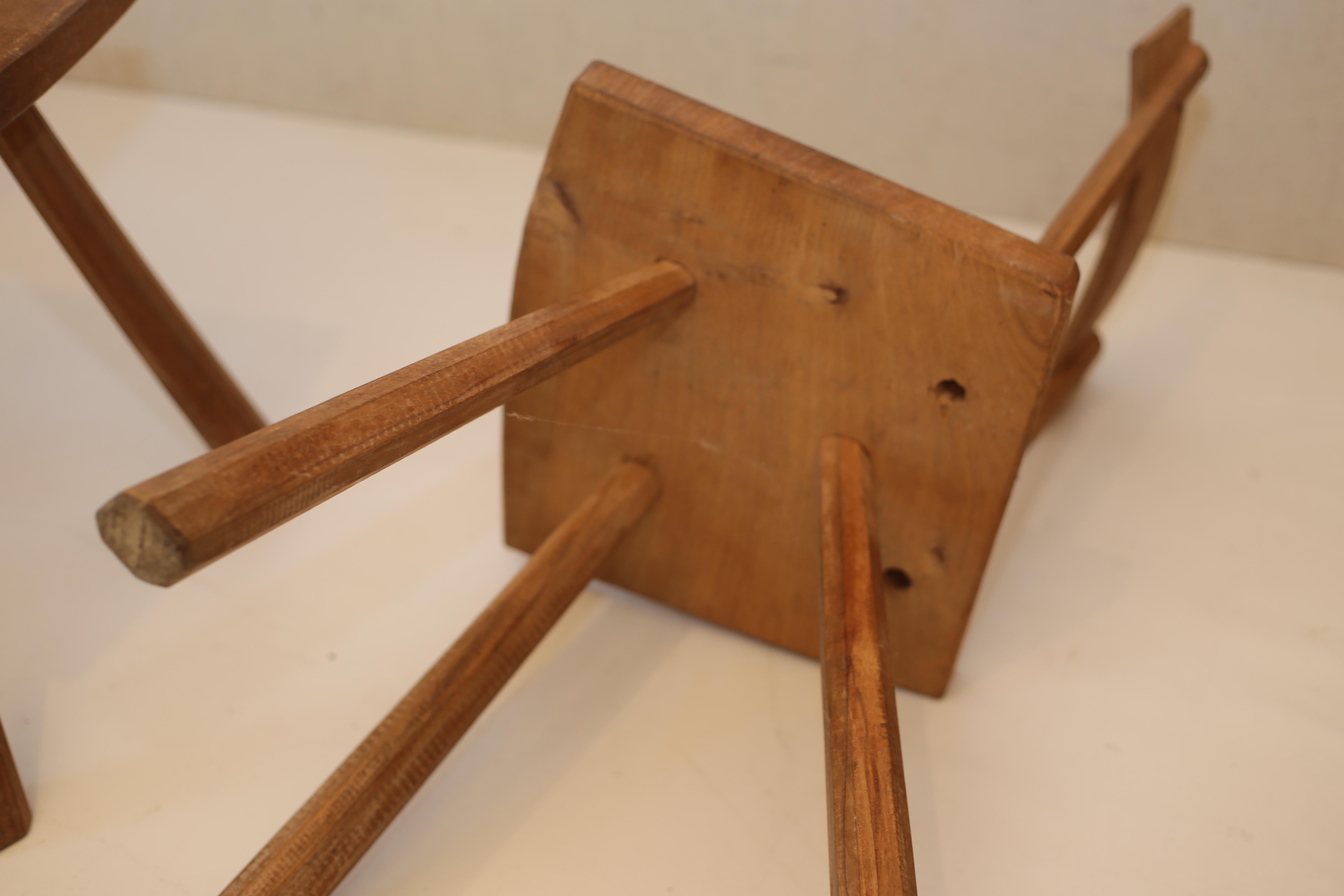 Mid-20th Century Pair of Primitive French Oak Milking Chairs Jean Touret for Atelier Marolles