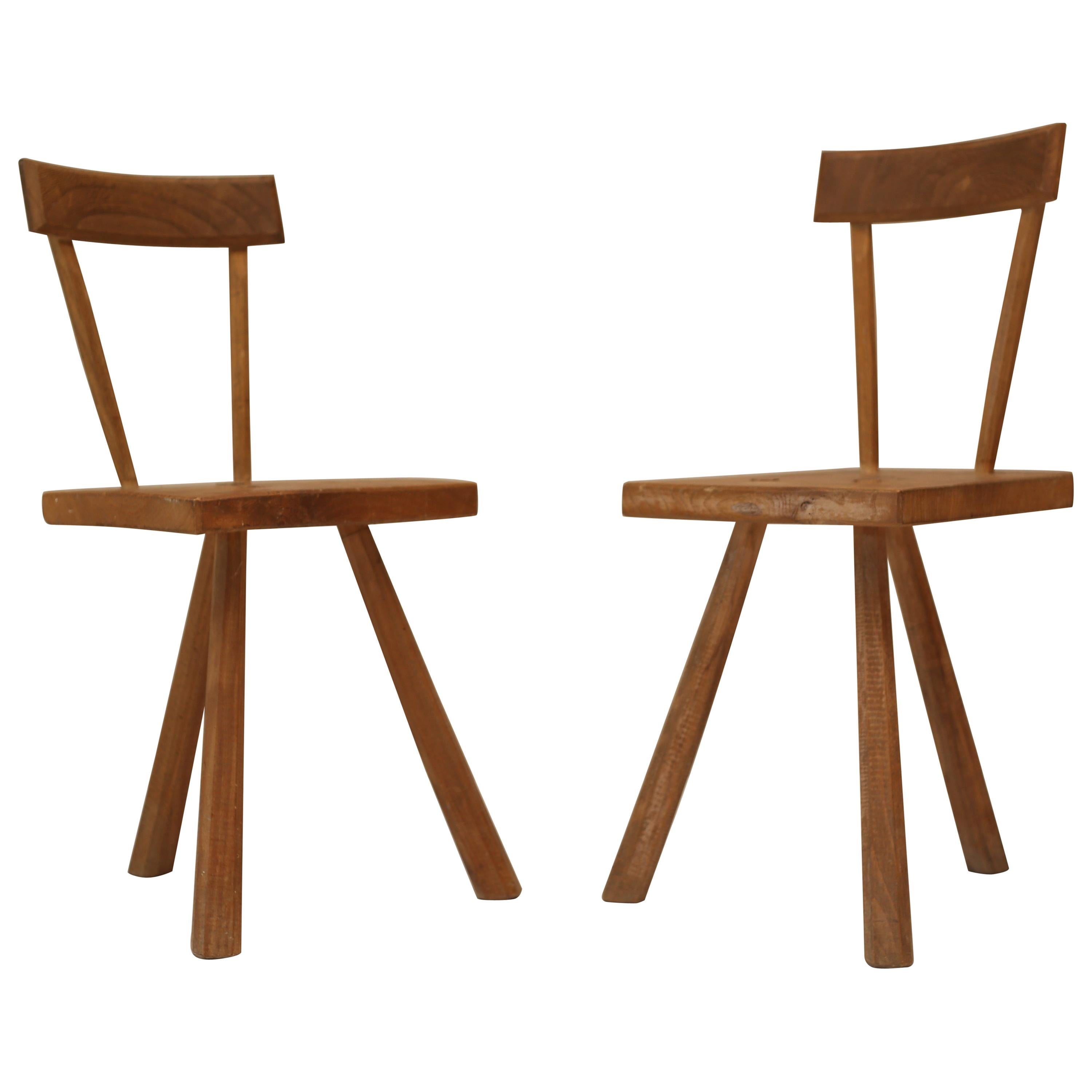 Pair of Primitive French Oak Milking Chairs Jean Touret for Atelier Marolles