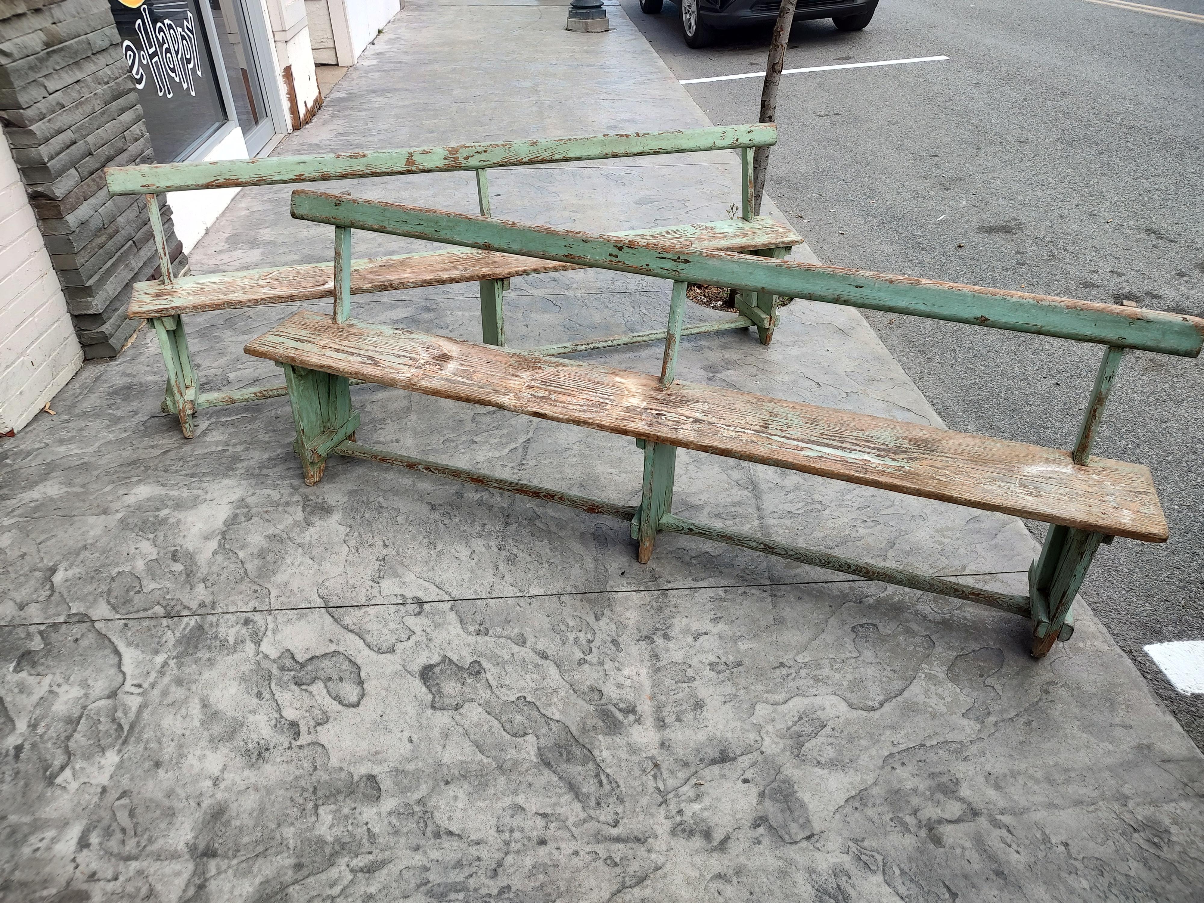 Pair of Primitive Green Painted Benches with Backs For Sale 4