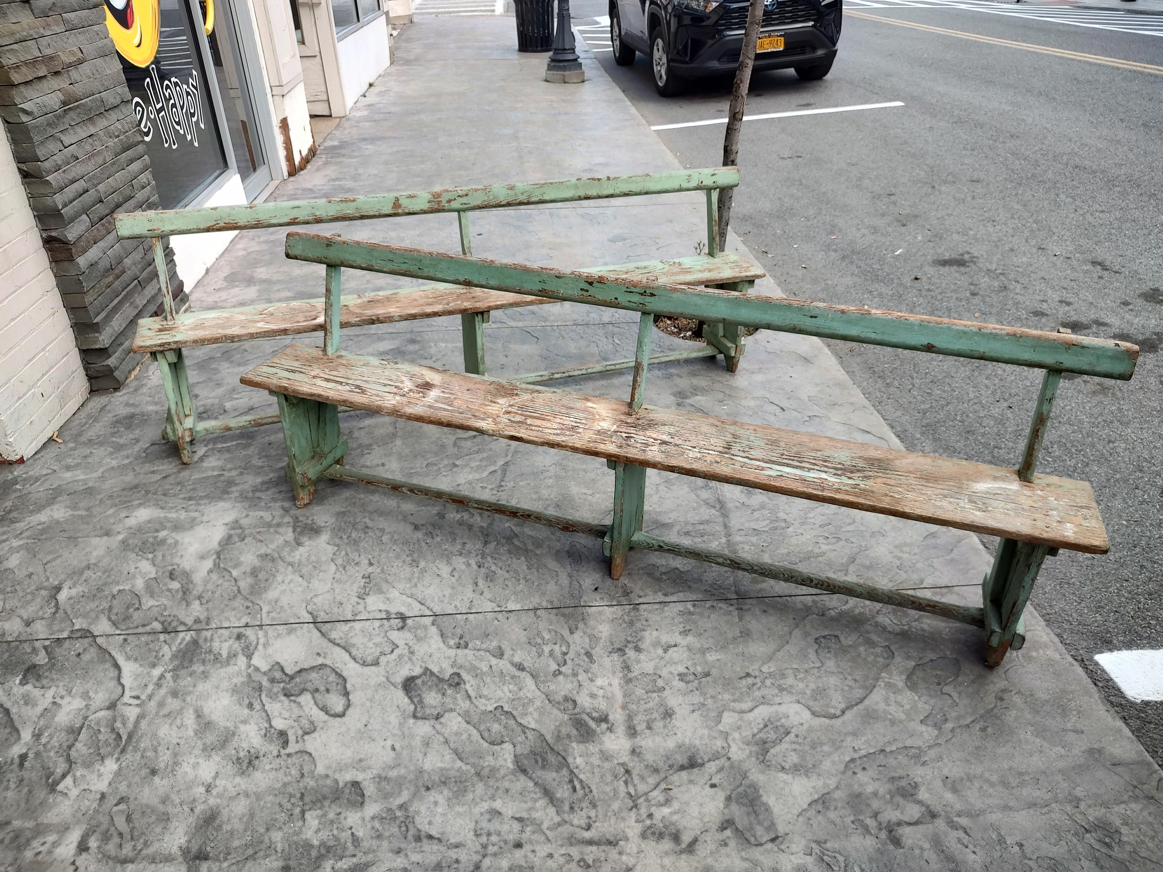 Pair of Primitive Green Painted Benches with Backs For Sale 2