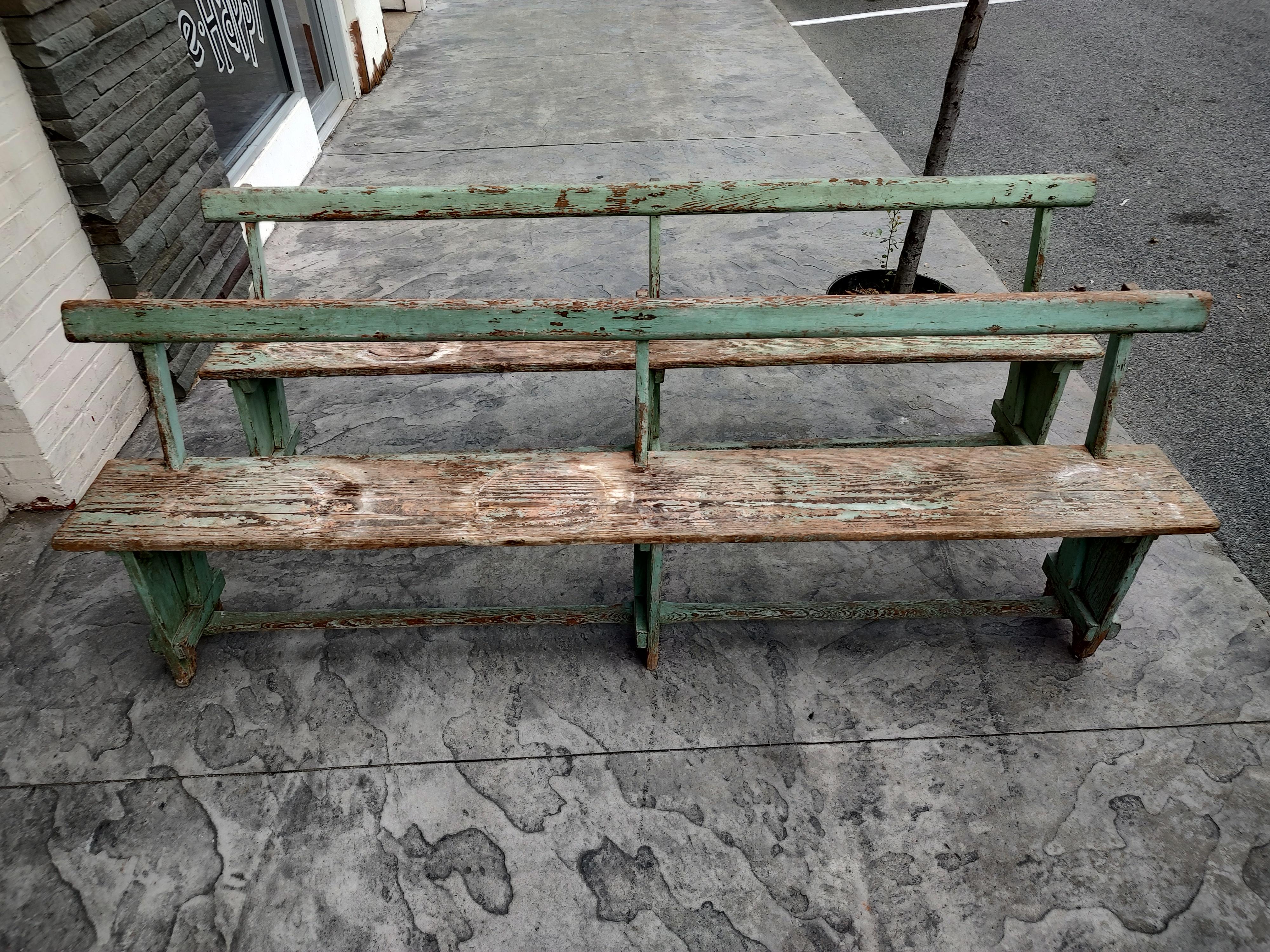 Pair of Primitive Green Painted Benches with Backs For Sale 3