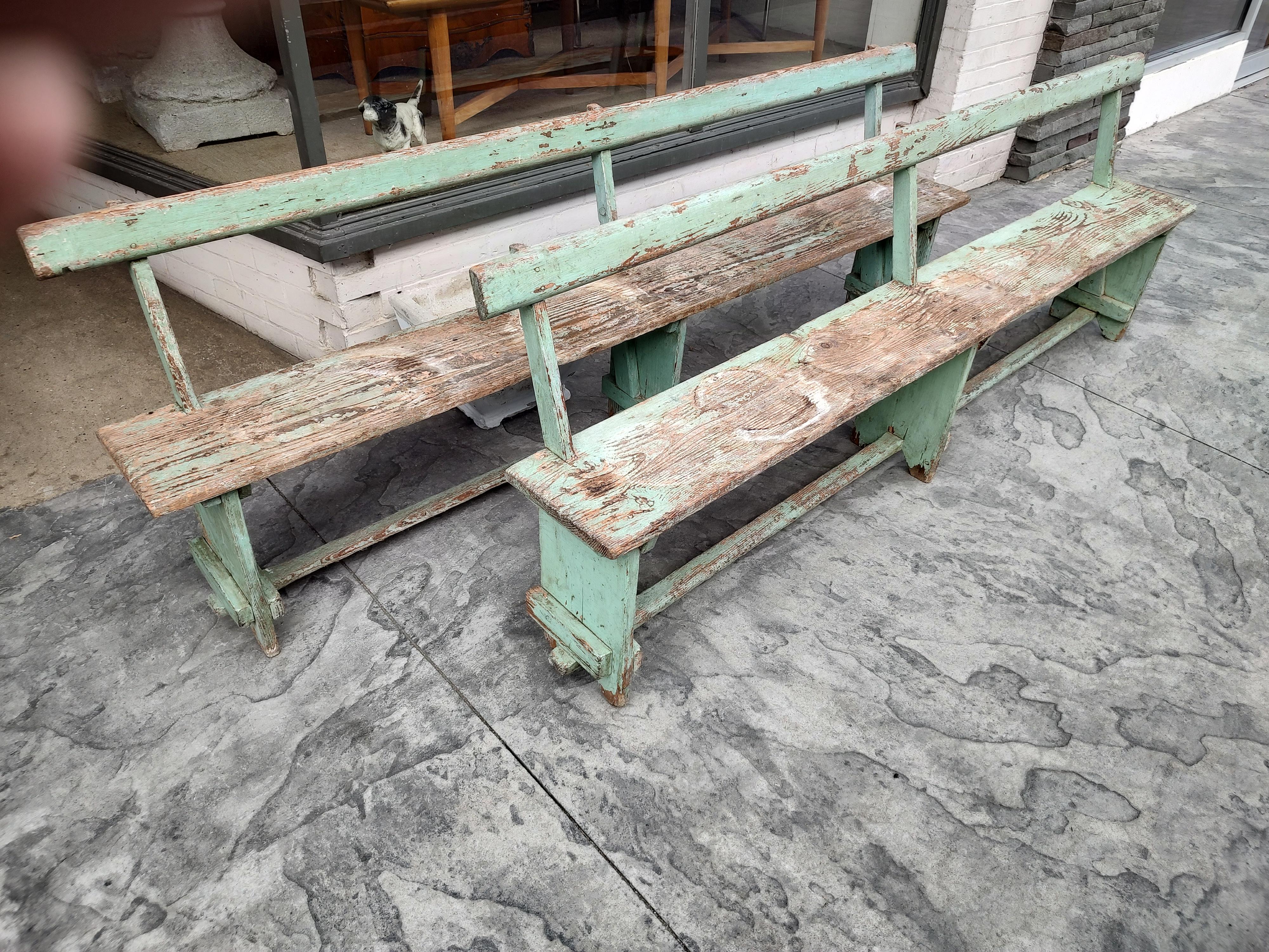 Pair of Primitive Green Painted Benches with Backs For Sale 4