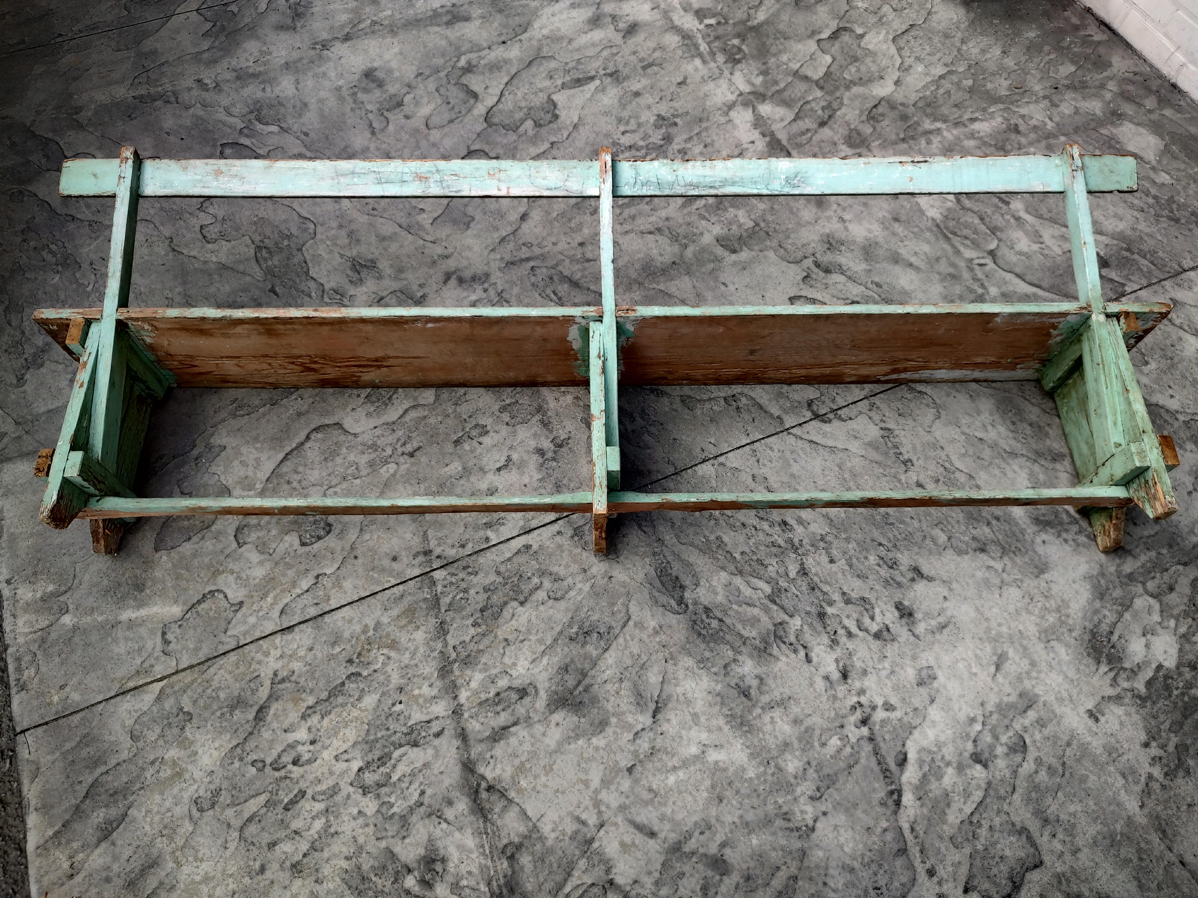 American Pair of Primitive Green Painted Benches with Backs For Sale