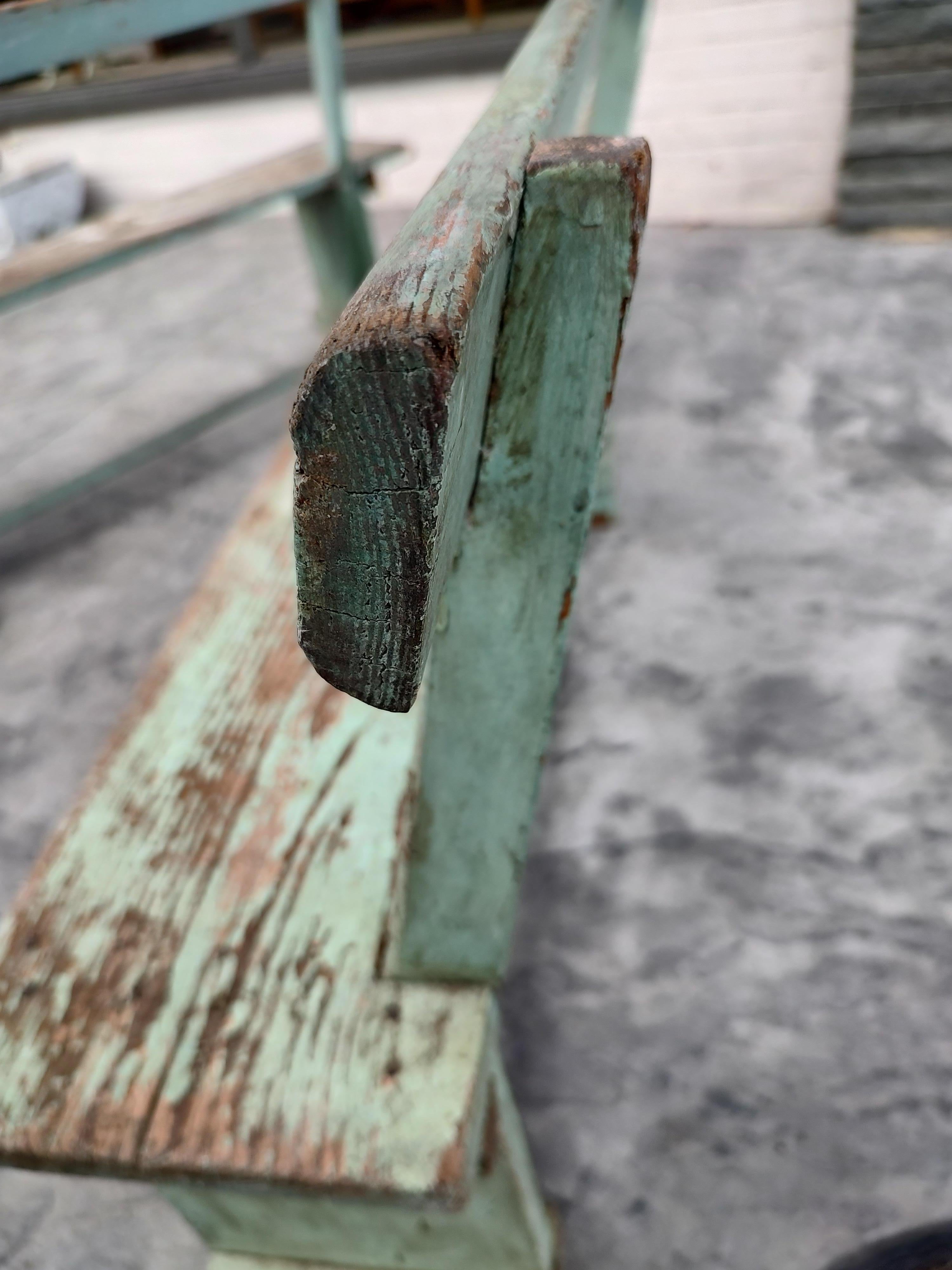 Early 20th Century Pair of Primitive Green Painted Benches with Backs For Sale