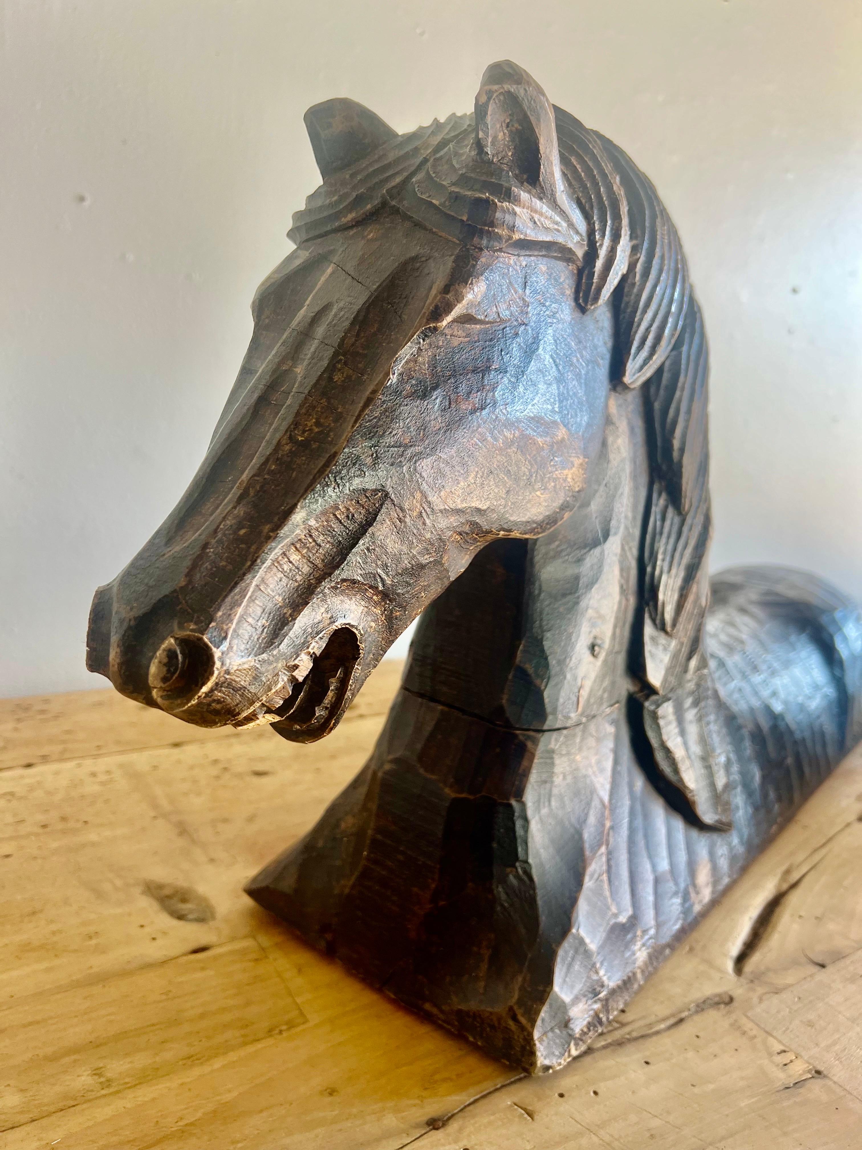 Hand-Crafted Pair of Primitive Hand Chiseled Horse Sculptures For Sale
