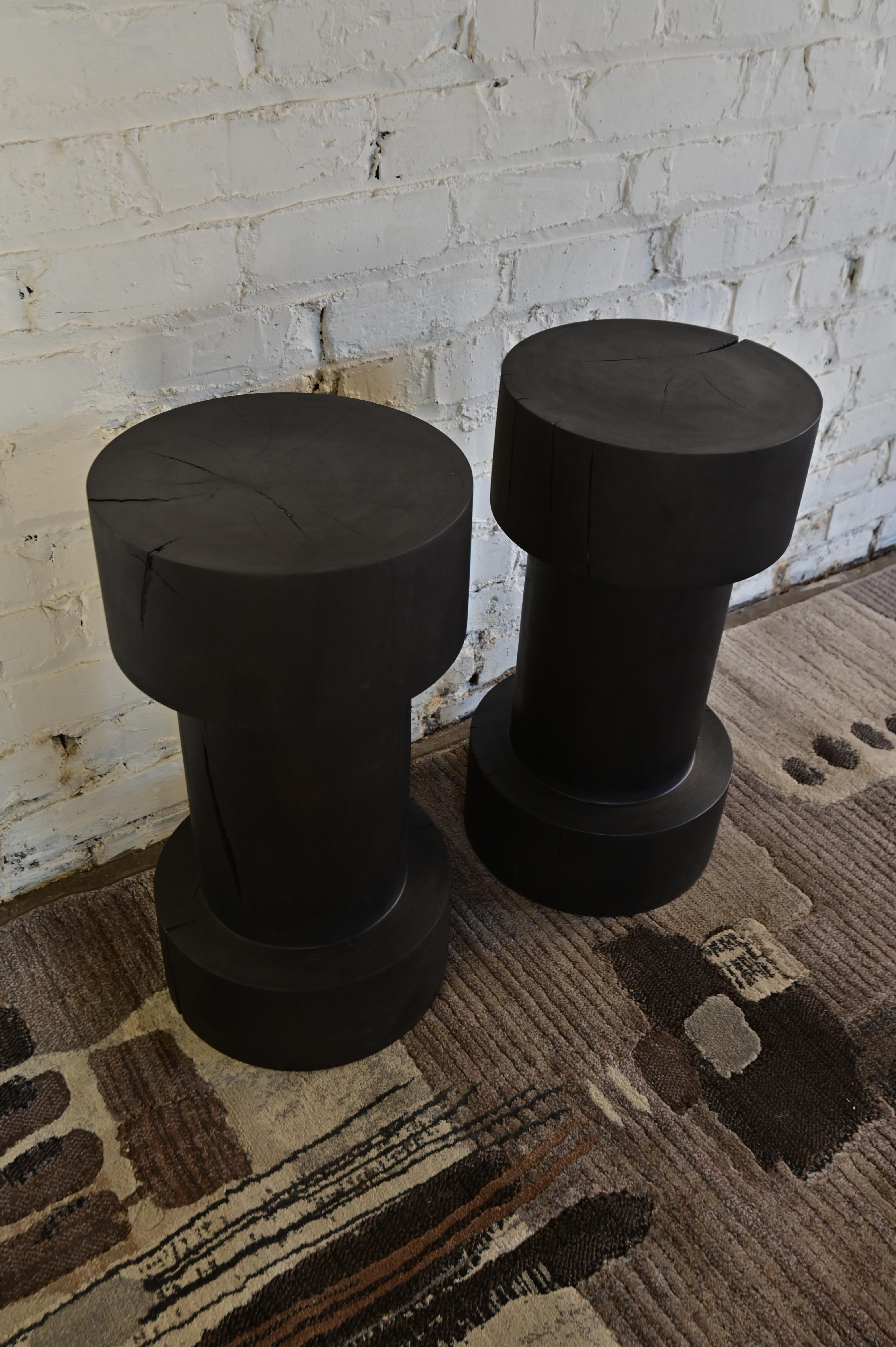 Carved Pair of Primitive Minimal Endtables Stools For Sale