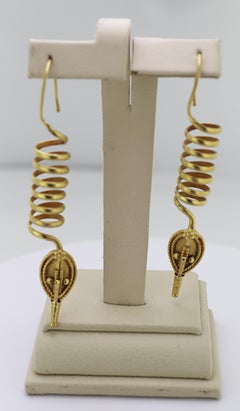 Pair of Primitive Motif 18K Yellow Gold Coil Drop Earrings