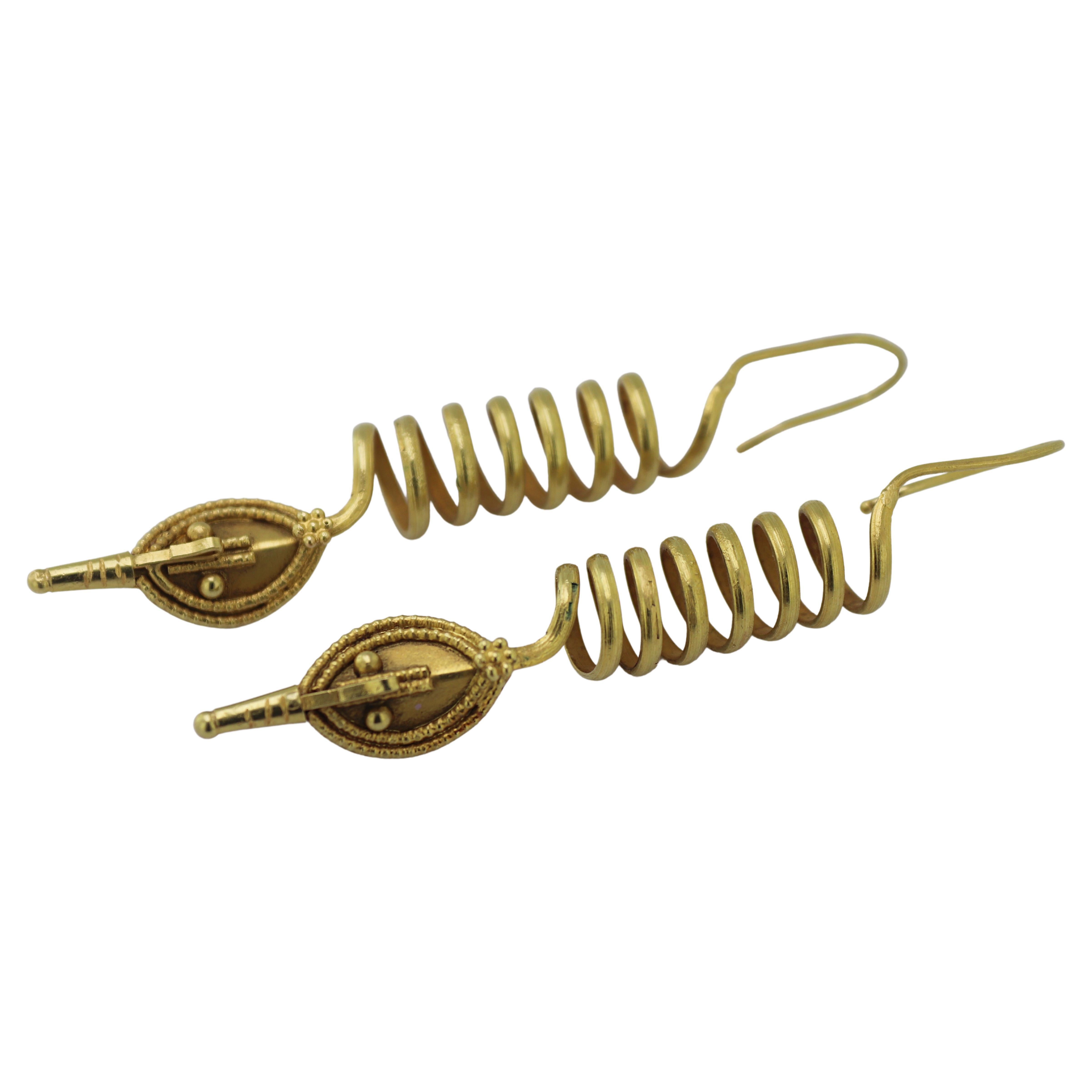 Pair of Primitive Motif 18K Yellow Gold Coil Drop Earrings For Sale