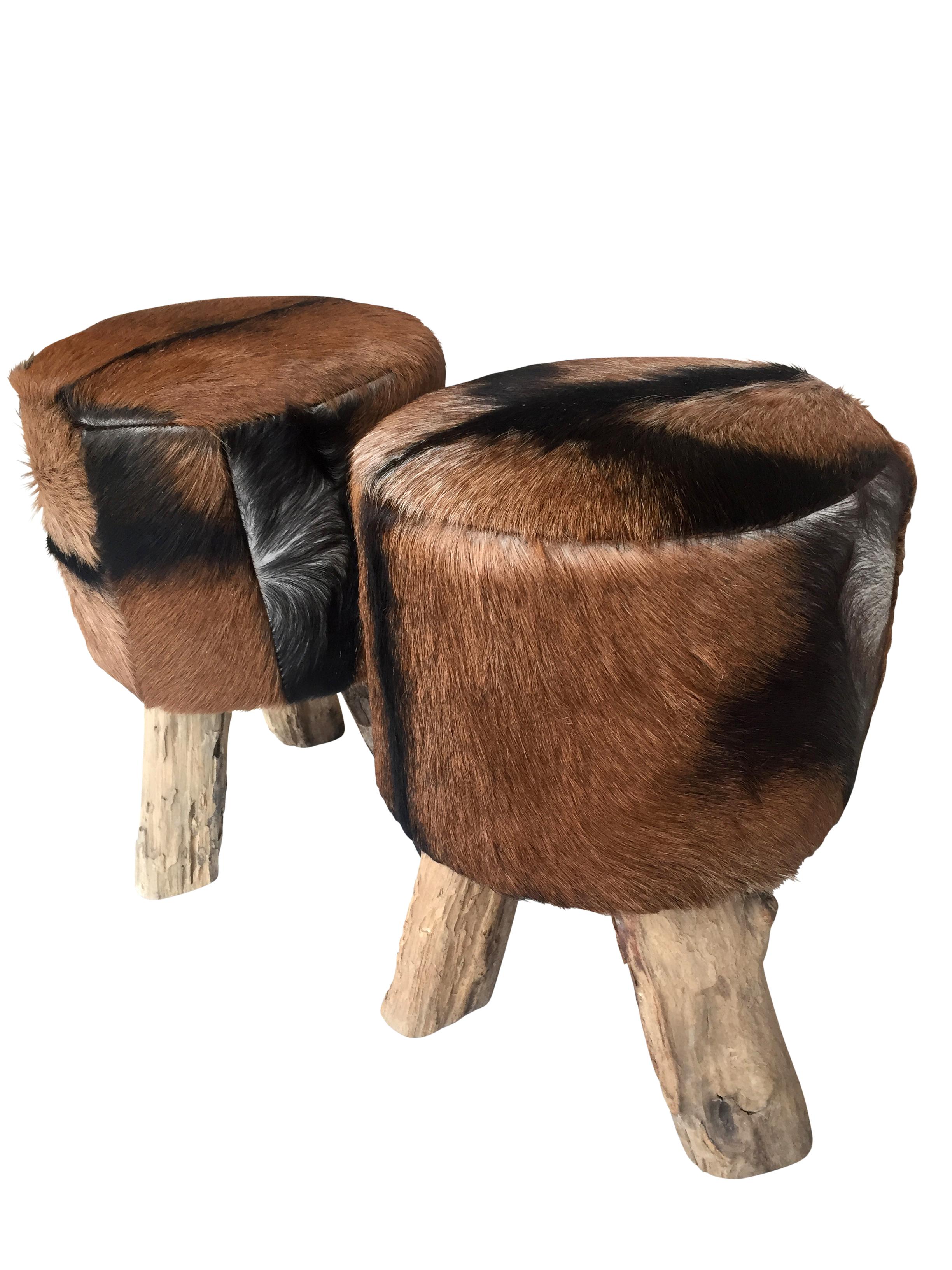 Paar primitive Hocker aus Nubukhaut mit Holzbeinen (Afrikanisch)