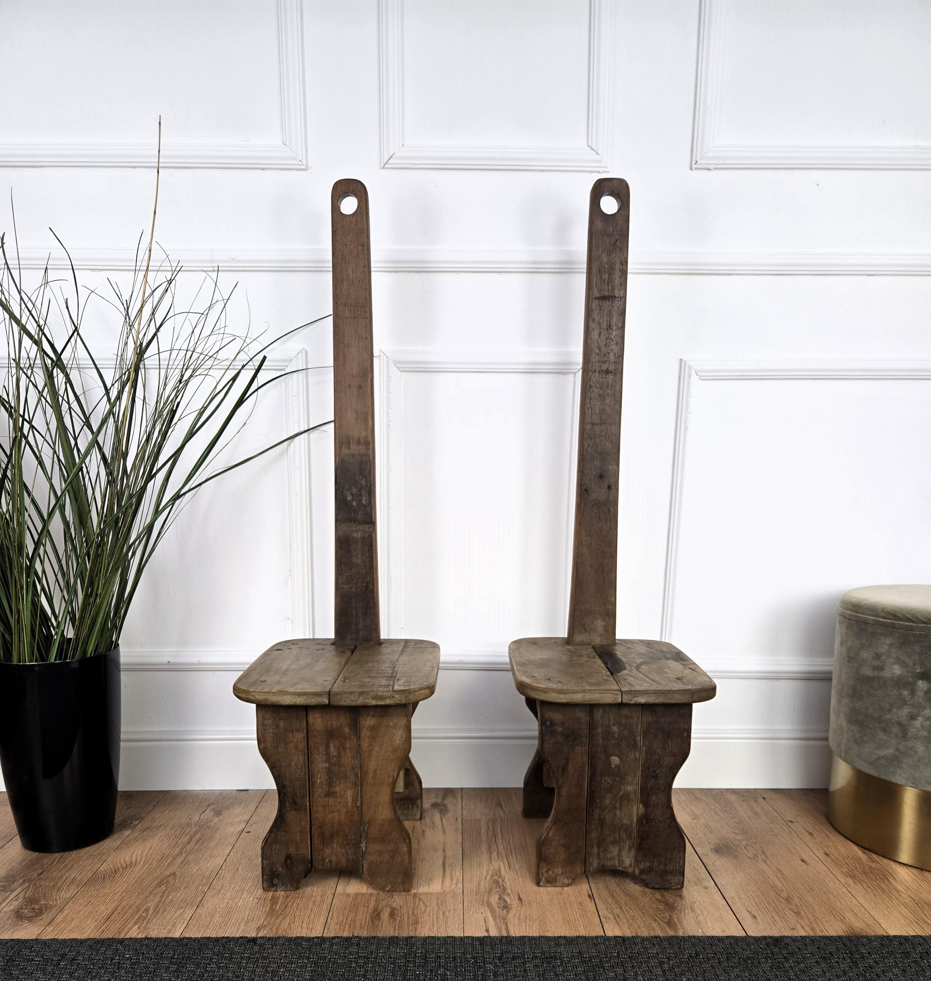 Pair of Rustic Minimal Italian Wooden Backrest Chairs Benches Stools In Good Condition For Sale In Carimate, Como