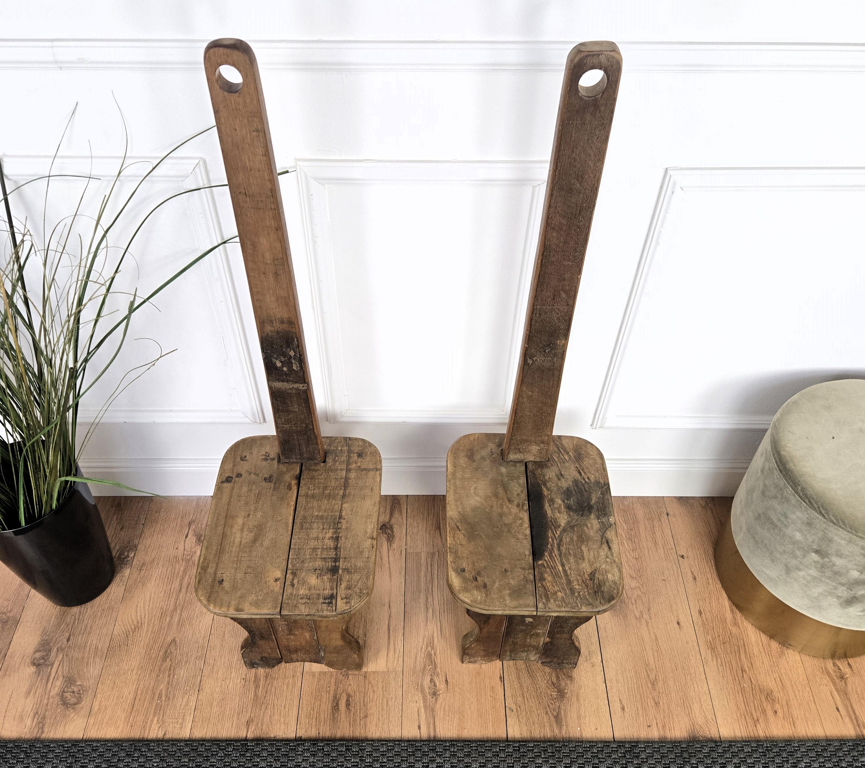 20th Century Pair of Rustic Minimal Italian Wooden Backrest Chairs Benches Stools For Sale