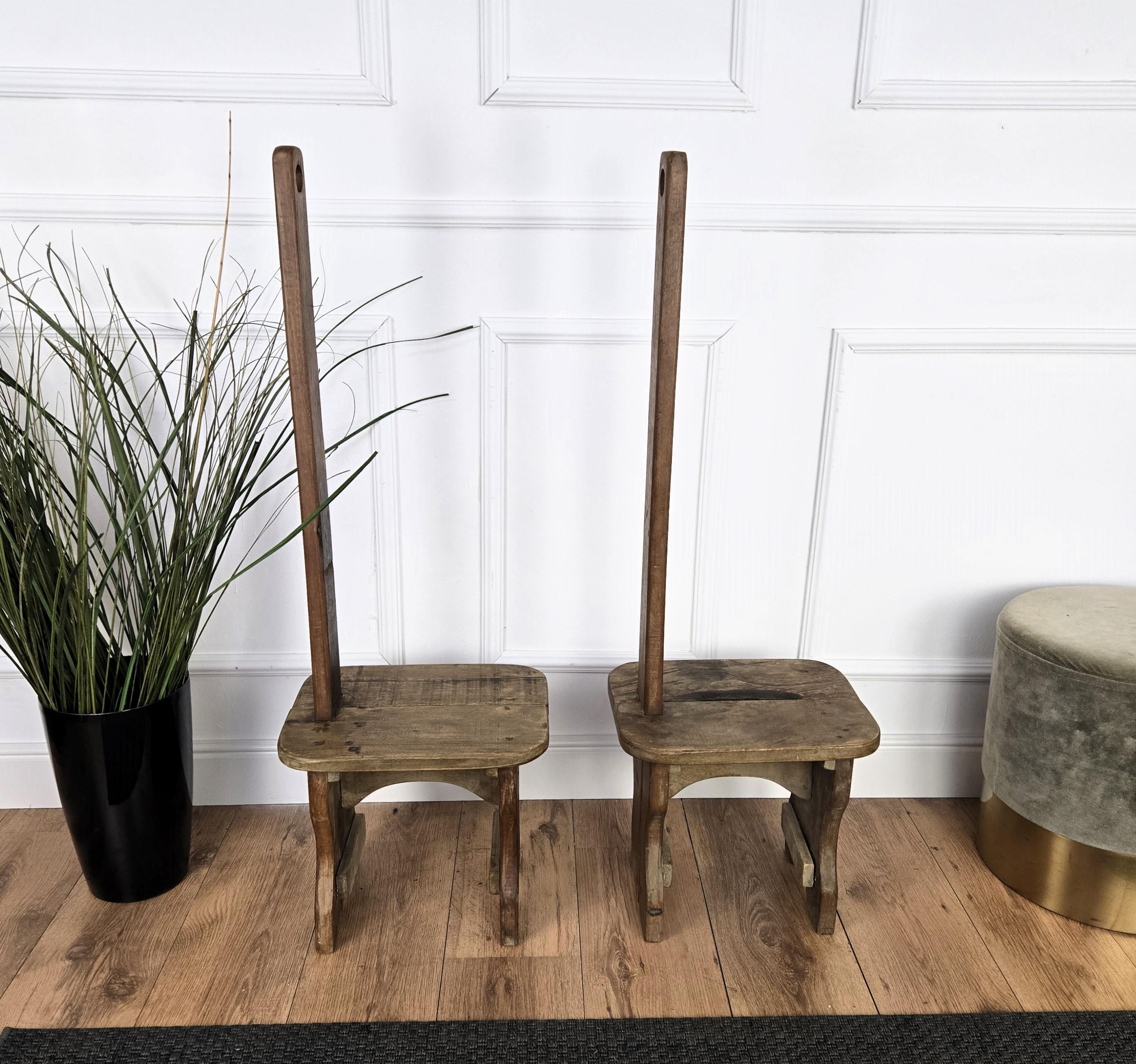 Pair of Rustic Minimal Italian Wooden Backrest Chairs Benches Stools For Sale 1