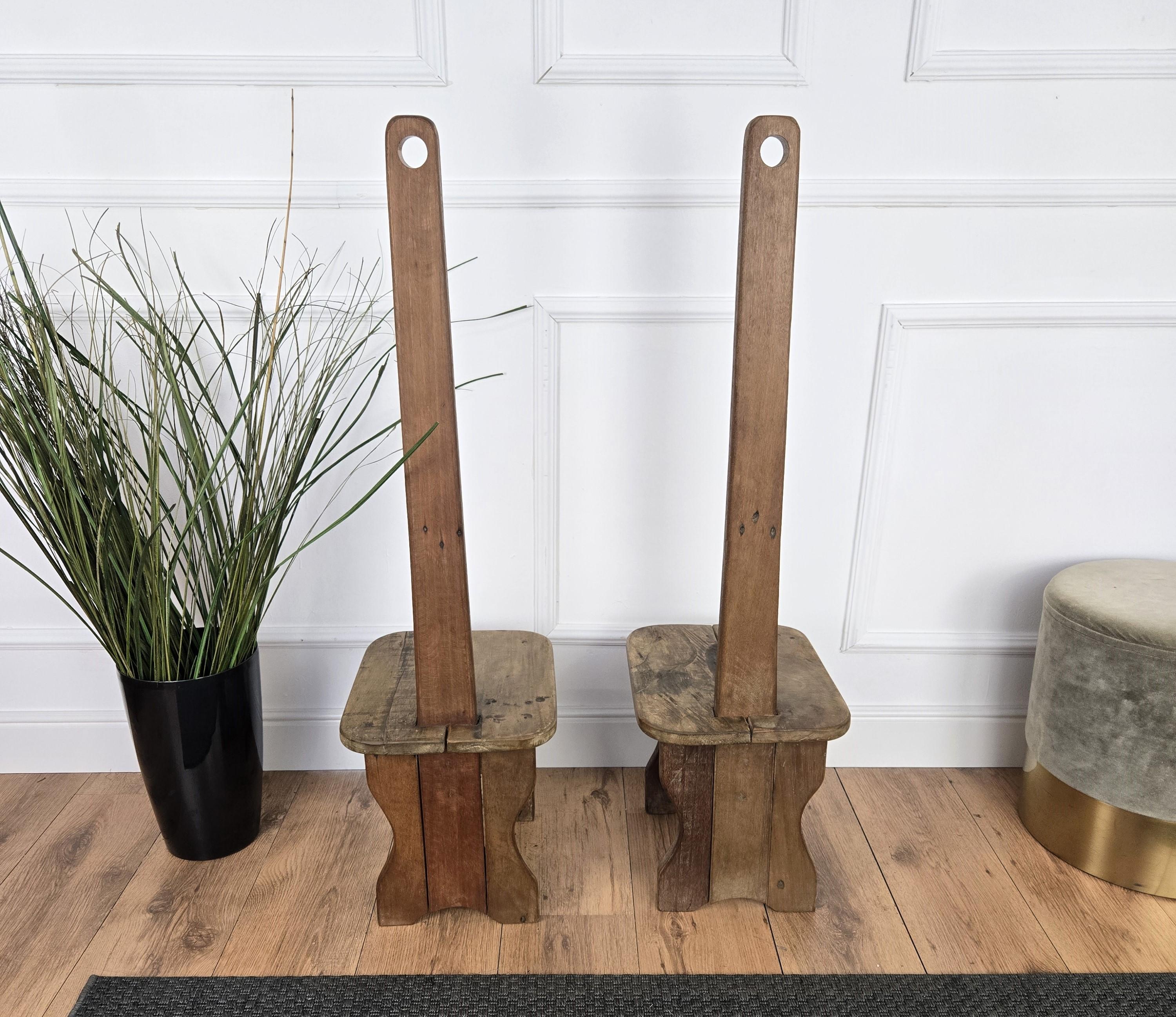 Pair of Rustic Minimal Italian Wooden Backrest Chairs Benches Stools For Sale 2