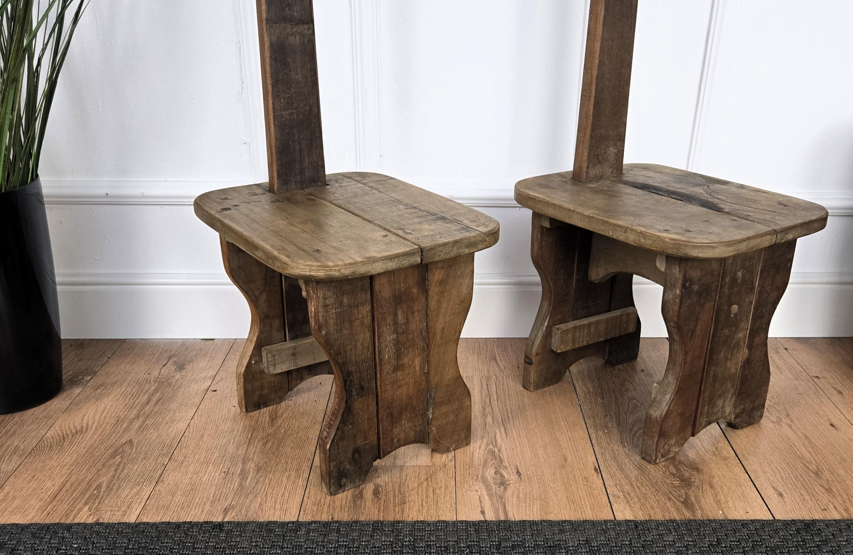 Pair of Rustic Minimal Italian Wooden Backrest Chairs Benches Stools For Sale 3