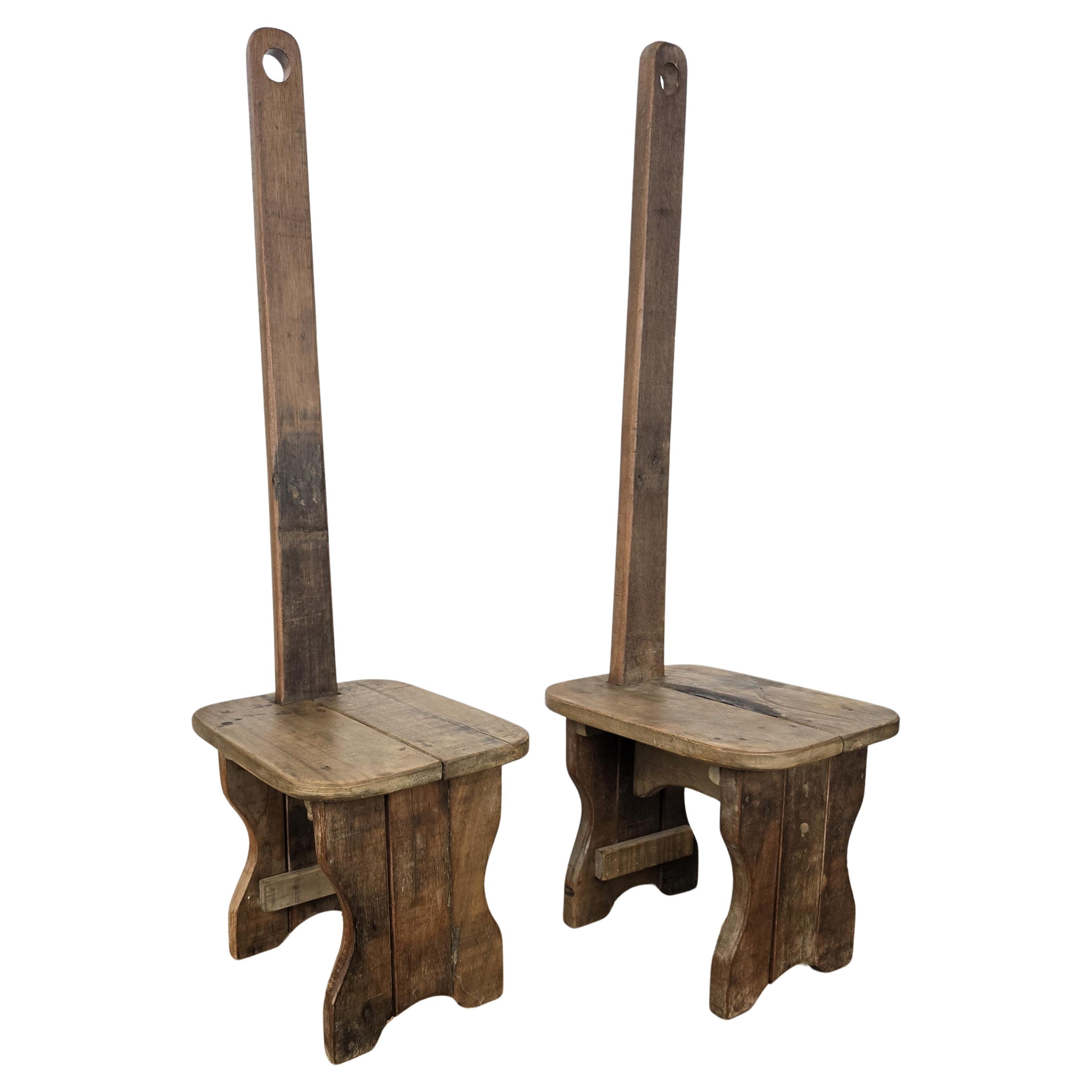 Pair of Rustic Minimal Italian Wooden Backrest Chairs Benches Stools