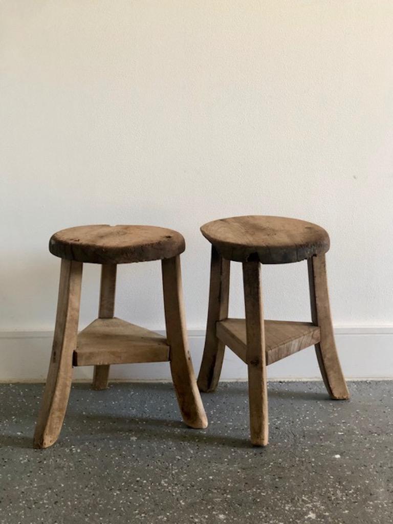 Japanese Primitive Wooden Stools with Brown Patina For Sale
