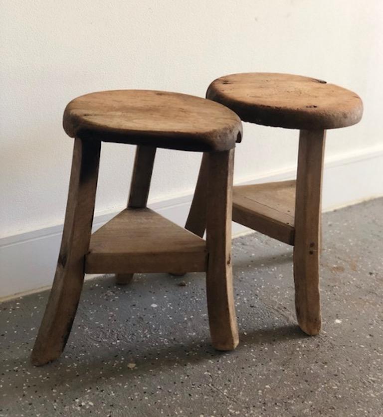 Primitive Japanese Wooden Stools with Brown Patina, 1920's In Good Condition For Sale In West Hollywood, CA