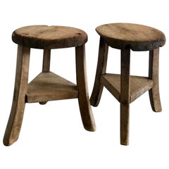 Antique Primitive Japanese Wooden Stools with Brown Patina, 1920's