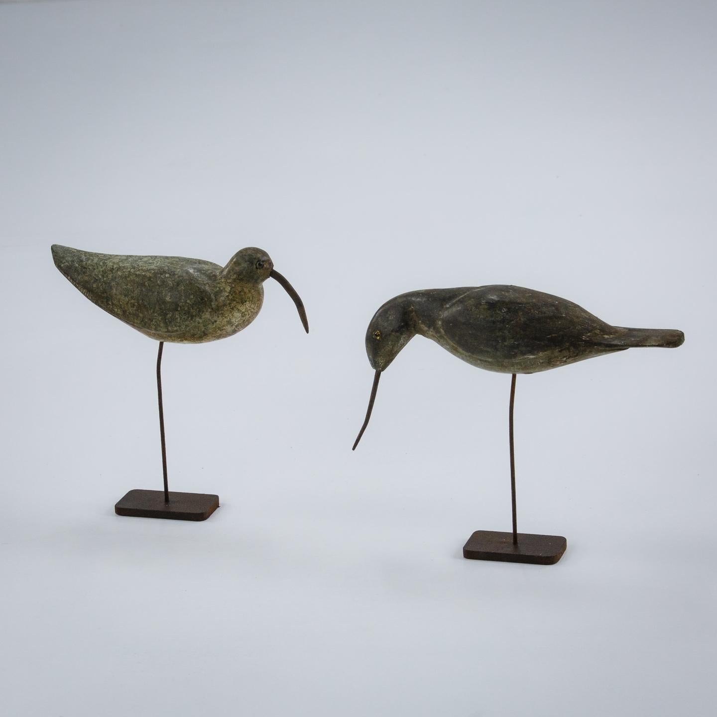 Pair of primitive working shorebird decoys, both with iron bills or beaks, carved painted wood. As expected wear and paint loss. Baie de Somme France Circa 1950.