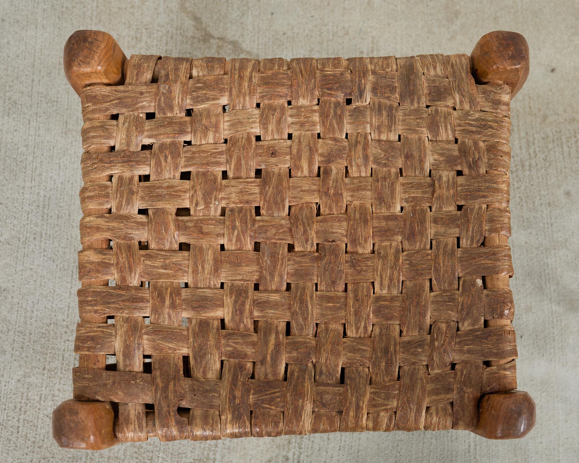 Pair of Primitive Woven Hickory Bark Rush Stools 4