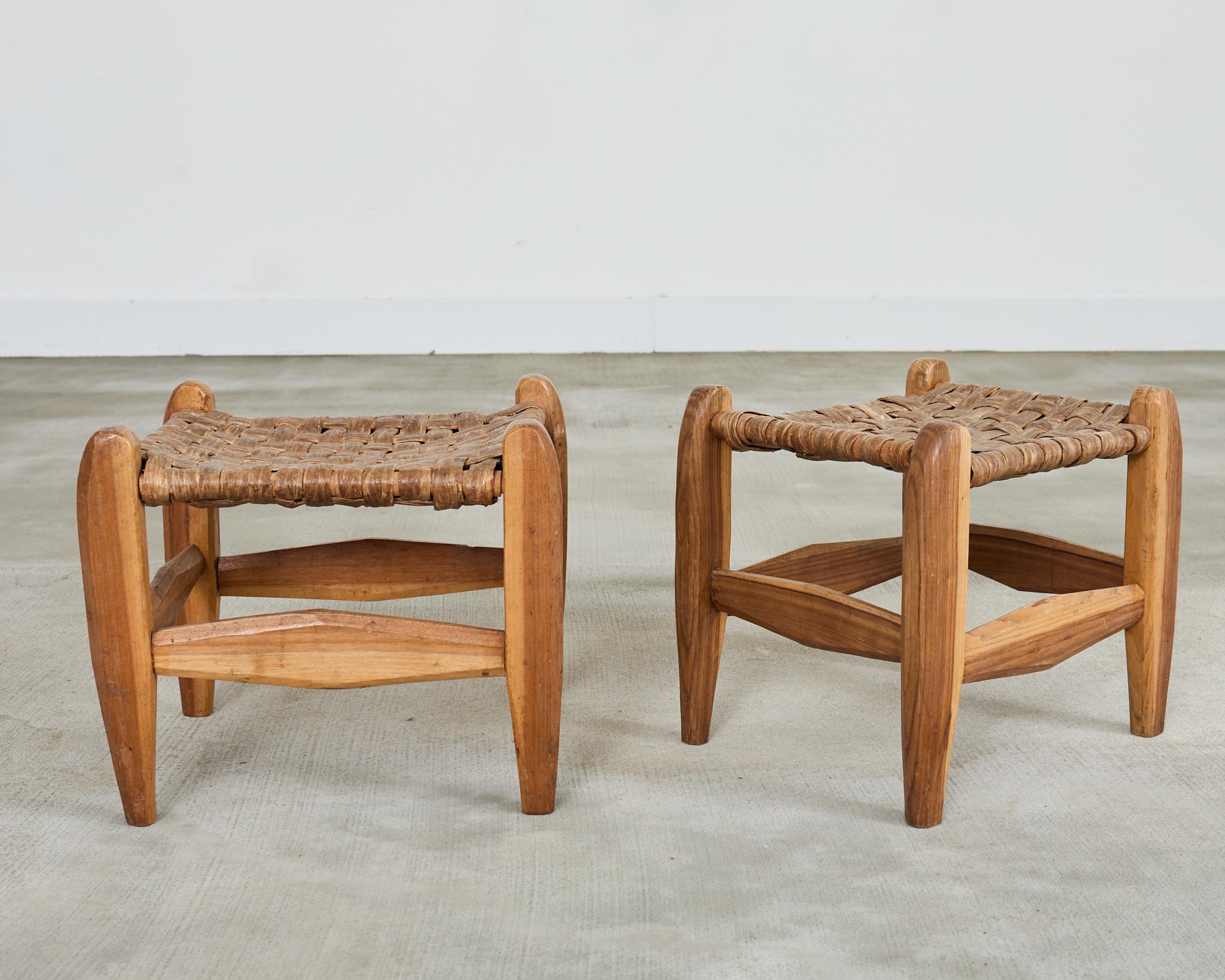 Pair of Primitive Woven Hickory Bark Rush Stools 8